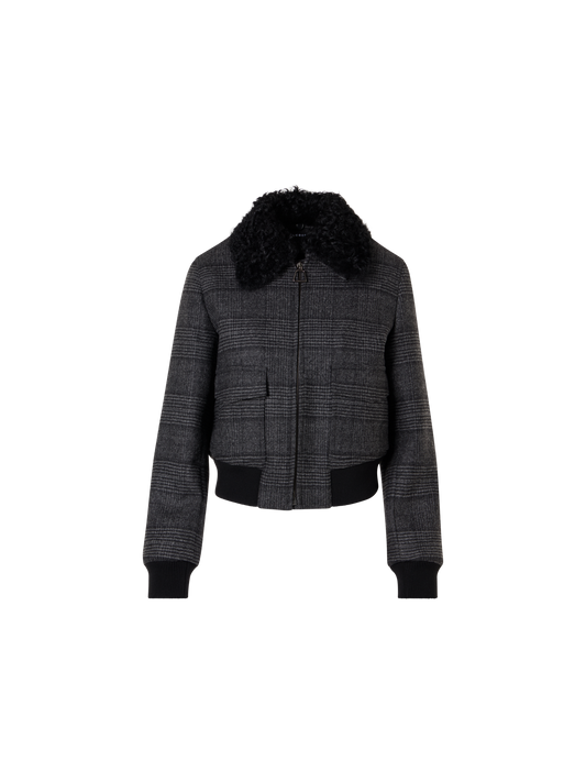Designer Glencheck-Bomber aus Wolle mit Trapez-Steppung - Schwarz - Bunt - Grau