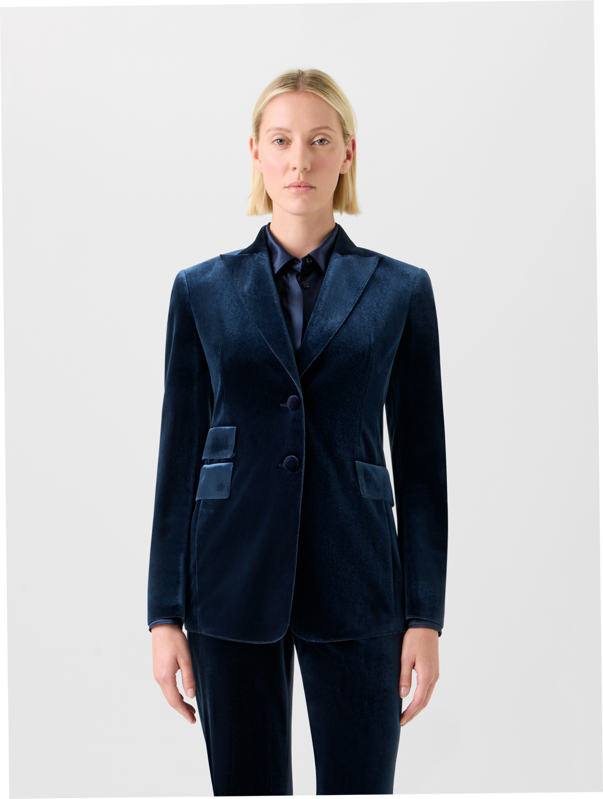 Designer Langer Stretch Techno Samt Blazer - Dunkelblau - Blau #editorial
