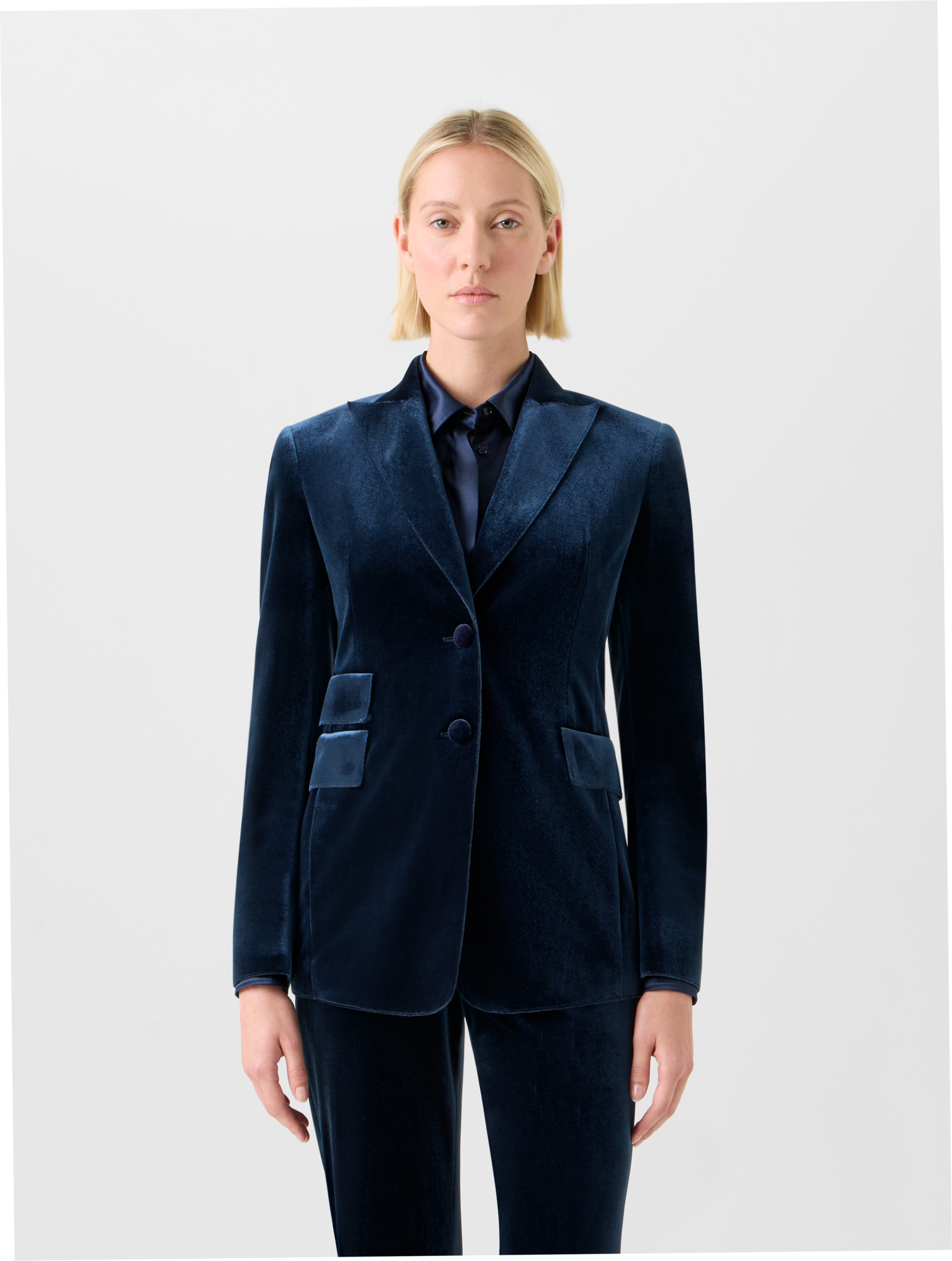 Designer Langer Stretch Techno Samt Blazer - Dunkelblau - Blau 