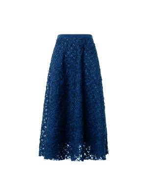 Designer Ausgestellter Midi-Tüllrock mit Nelken-Stickerei - Dunkelblau - Blau