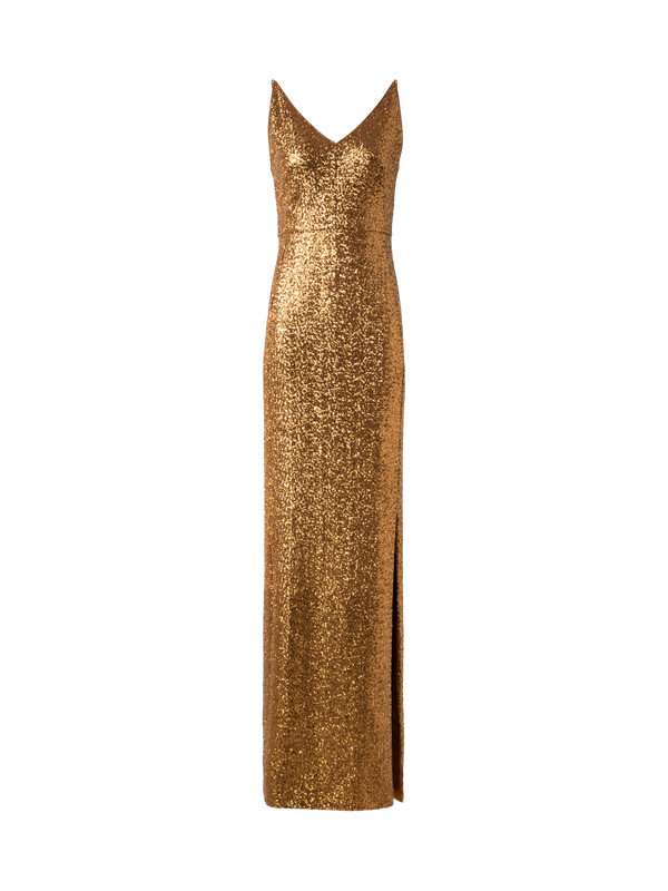 Designer Langes Pailletten-Abendkleid mit V-Ausschnitt - Gold