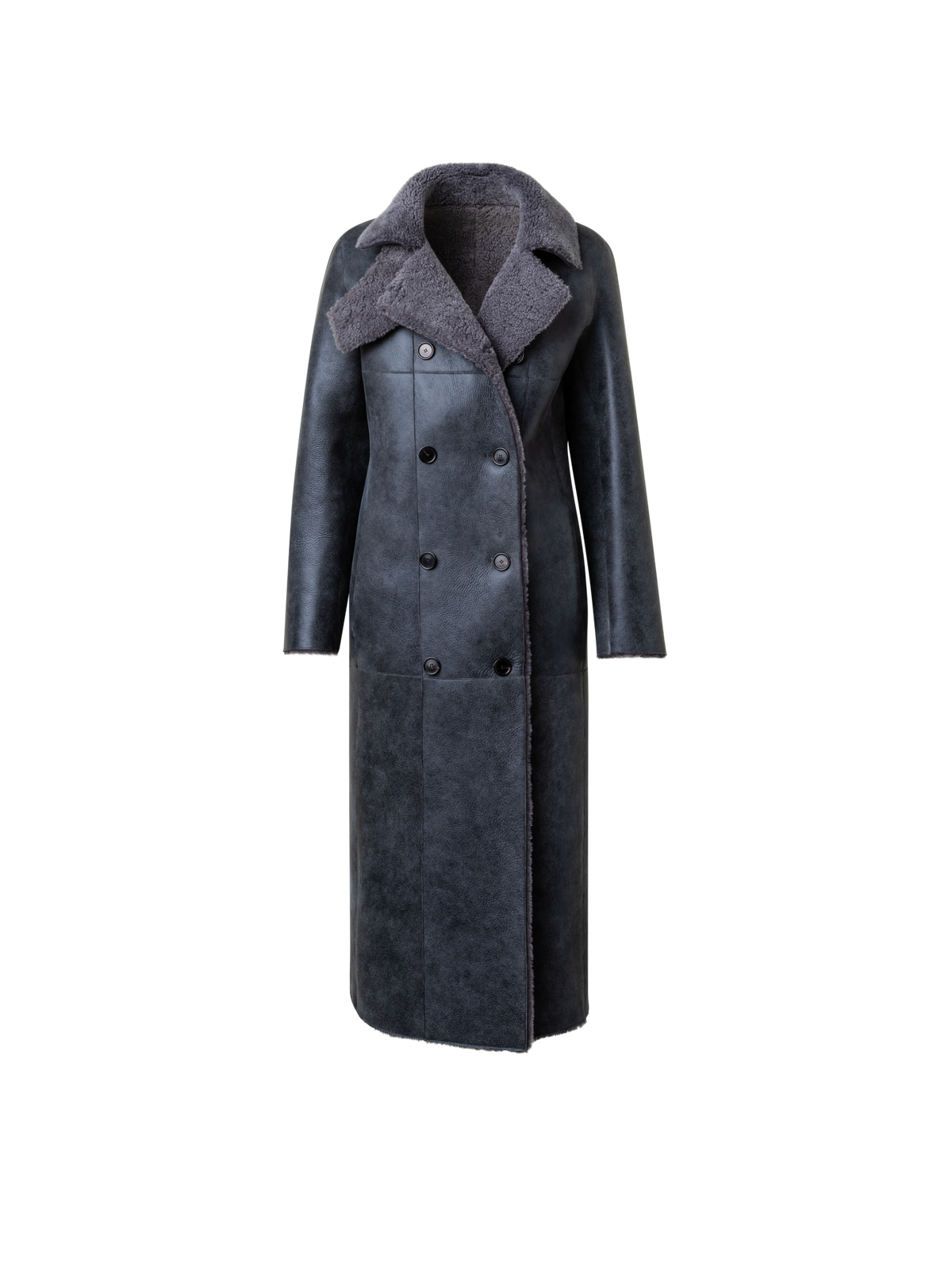 Designer Langer Zweireihiger Mantel aus Shearling - Grau