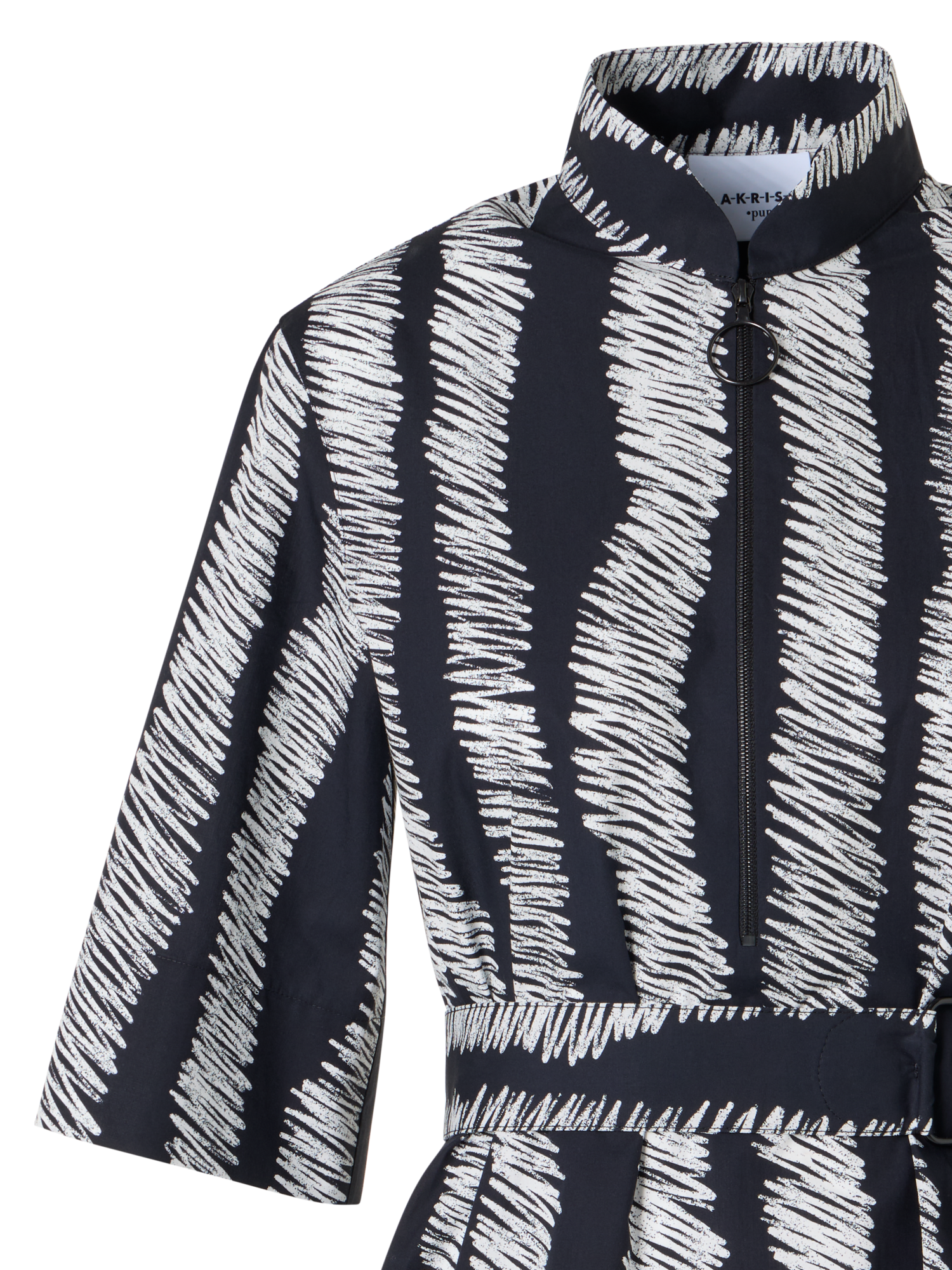 Designer Baumwoll-Hemdblusenkleid mit Gürtel und Scribble-Wave-Druck - Schwarz - Bunt