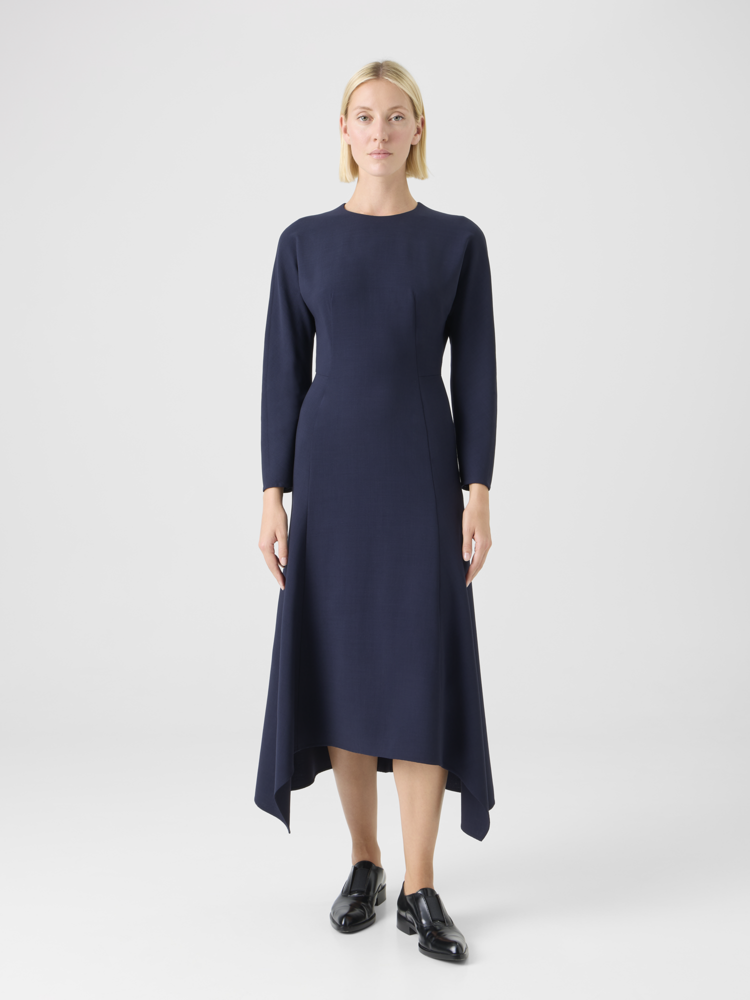 Designer Asymmetrisches Midikleid aus Cool Wool - Dunkelblau - Blau 