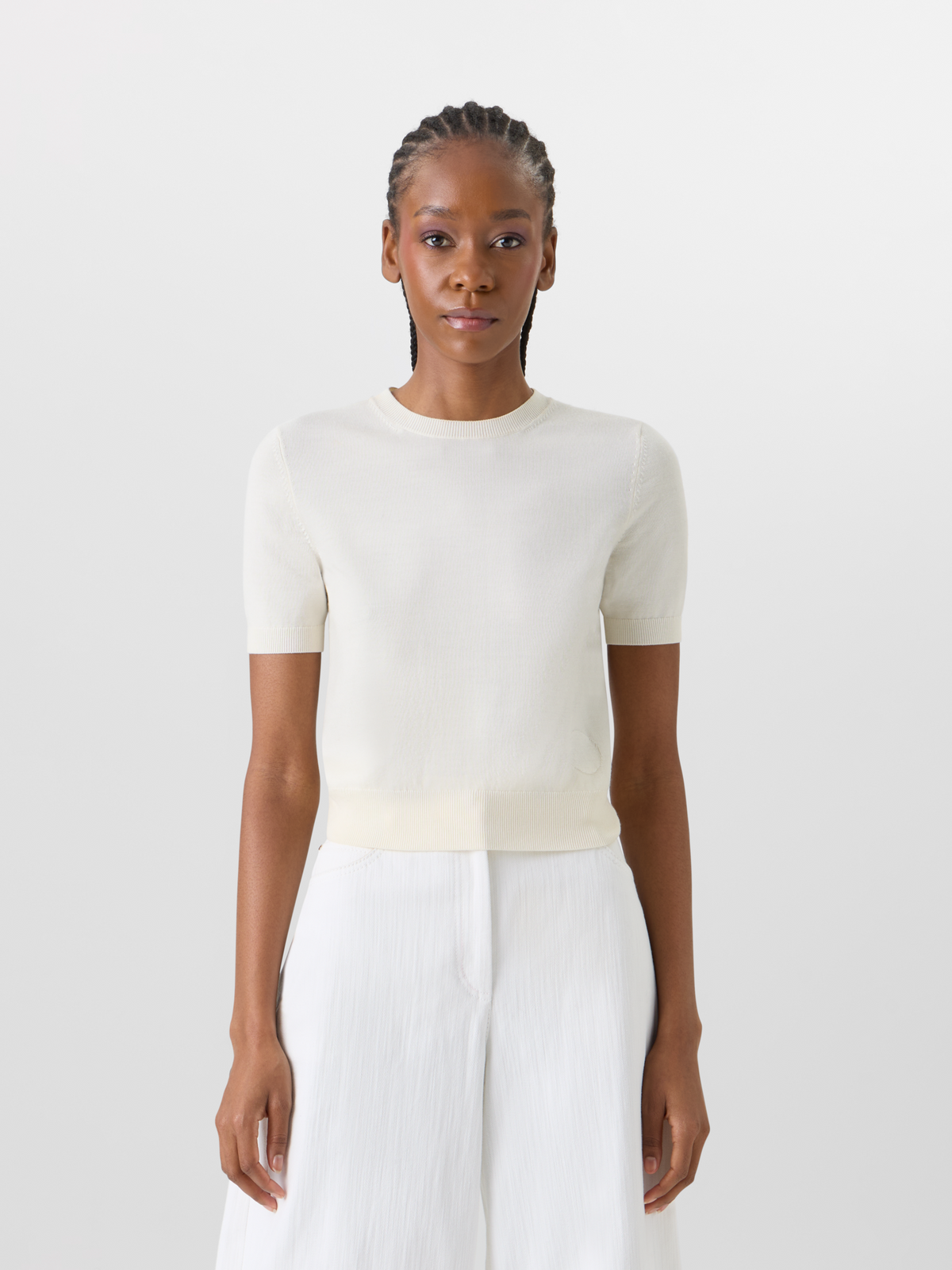 Designer Kurzärmeliger Strickpullover aus Merinowolle - Ecru #editorial