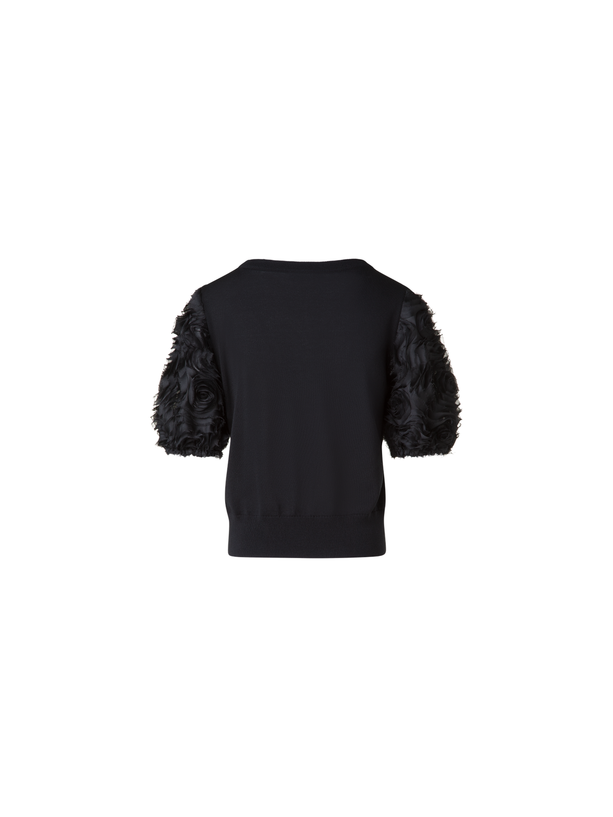 Designer Merino-Shirt mit bestickten 3D Carnation-Ärmel - Schwarz