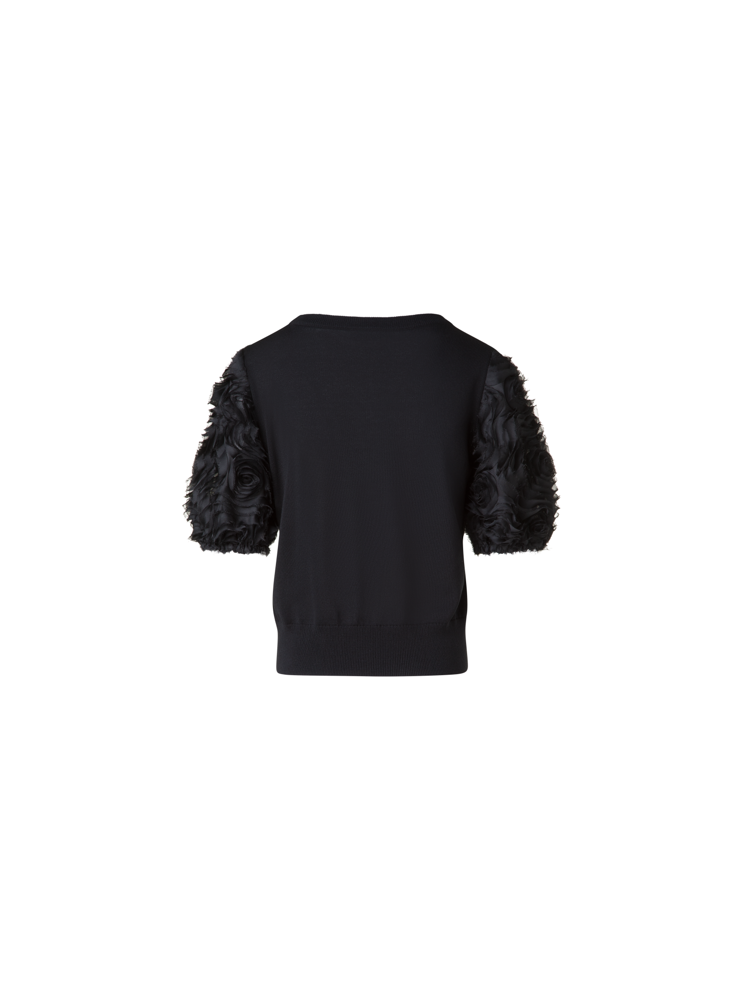 Designer Merino-Shirt mit bestickten 3D Carnation-Ärmel - Schwarz