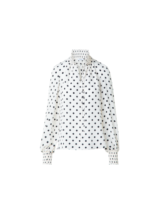 Designer Boho Seidenbluse mit Polka Dots - Bunt - Ecru - Weiss