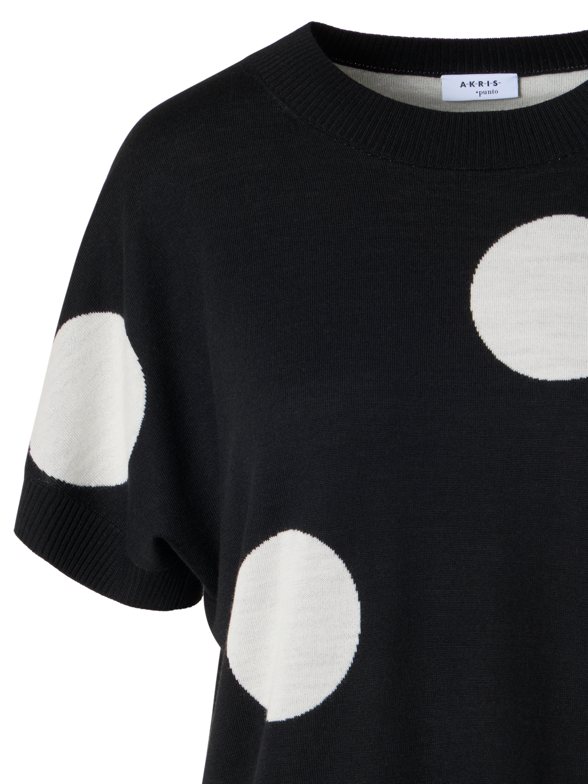 Designer Kurzärmeliger Strickpullover mit Punkte-Intarsie - Schwarz