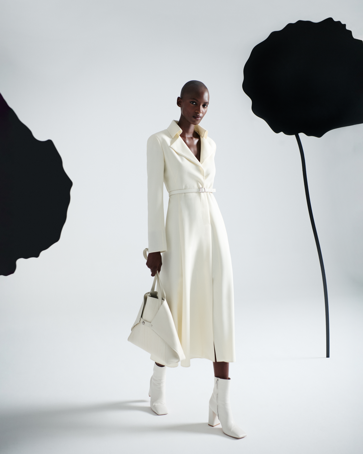 Designer Midikleid mit Gürtel aus Woll-Doubleface - Ecru - Weiss #editorial