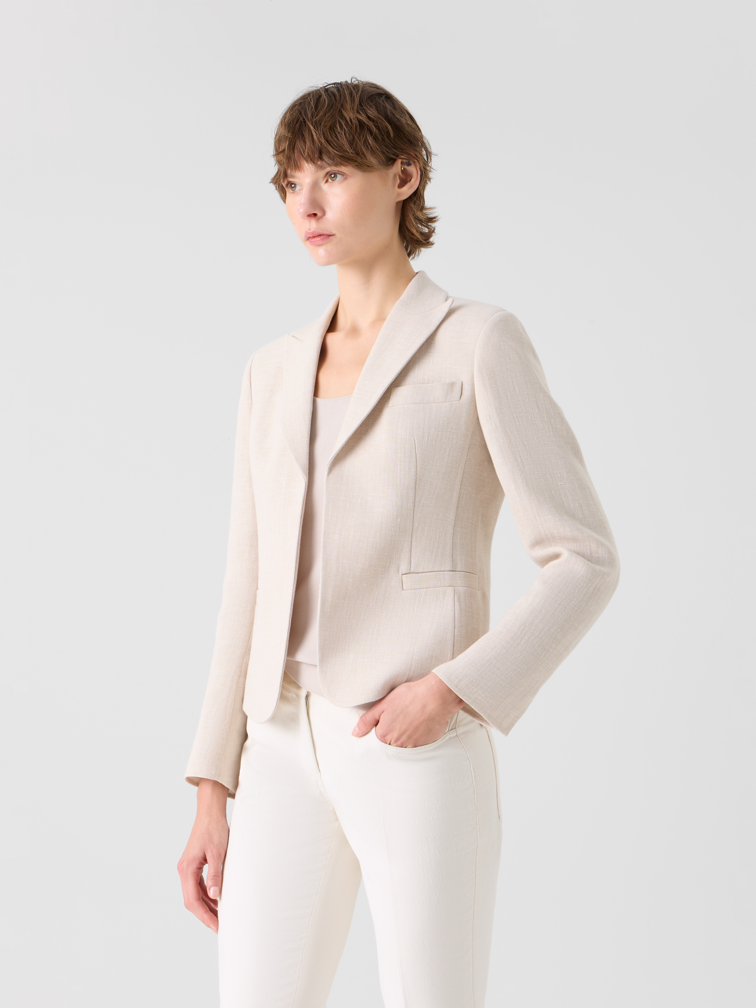 Designer Deneuve kurze taillierte Jacke aus Leinen-Woll-Doubleface - Beige 