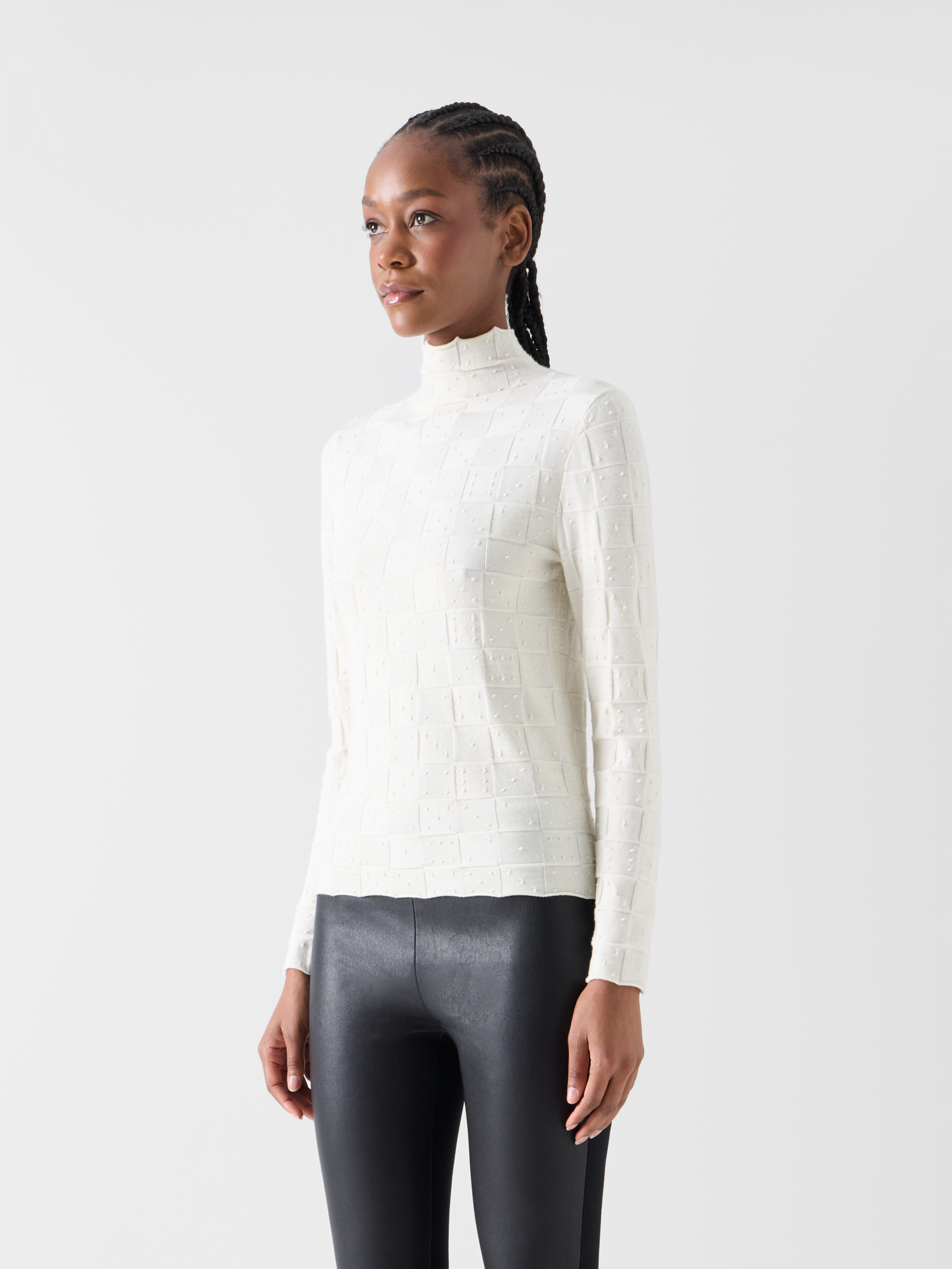 Designer Taillierter Wollpullover mit 3D Dice Strick - Ecru 