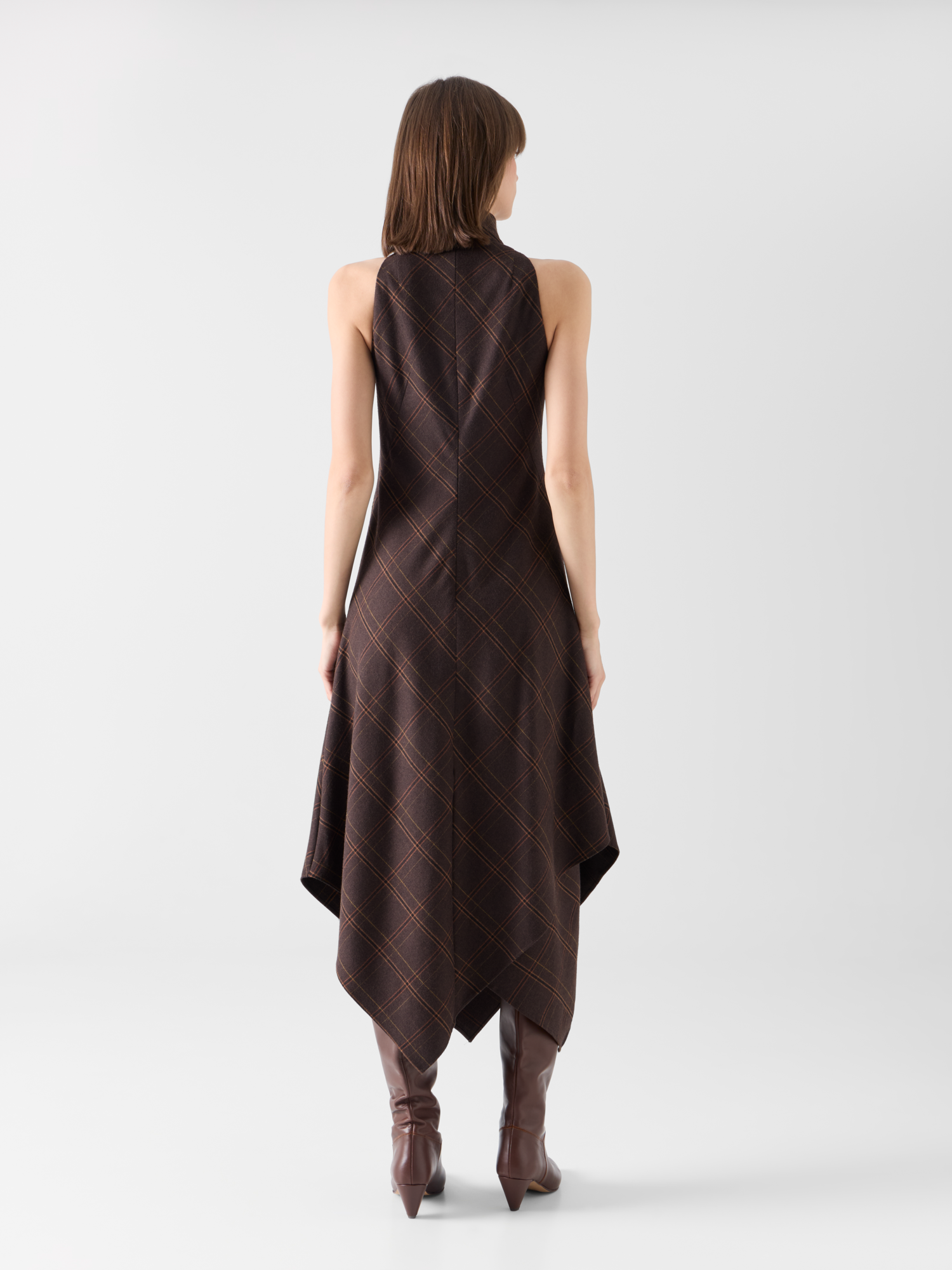 Designer Neckholder-Midikleid aus kariertem Flanell - Braun 