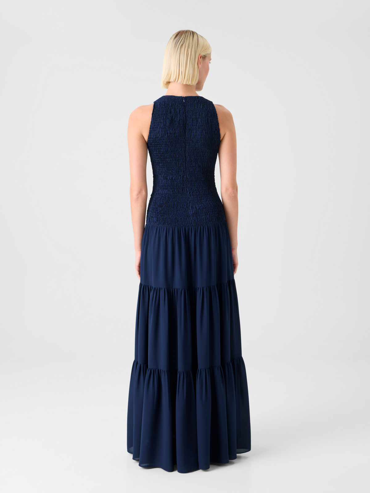 Designer Tailliertes gesmoktes Midikleid in A-Linie aus Georgette - Dunkelblau - Blau