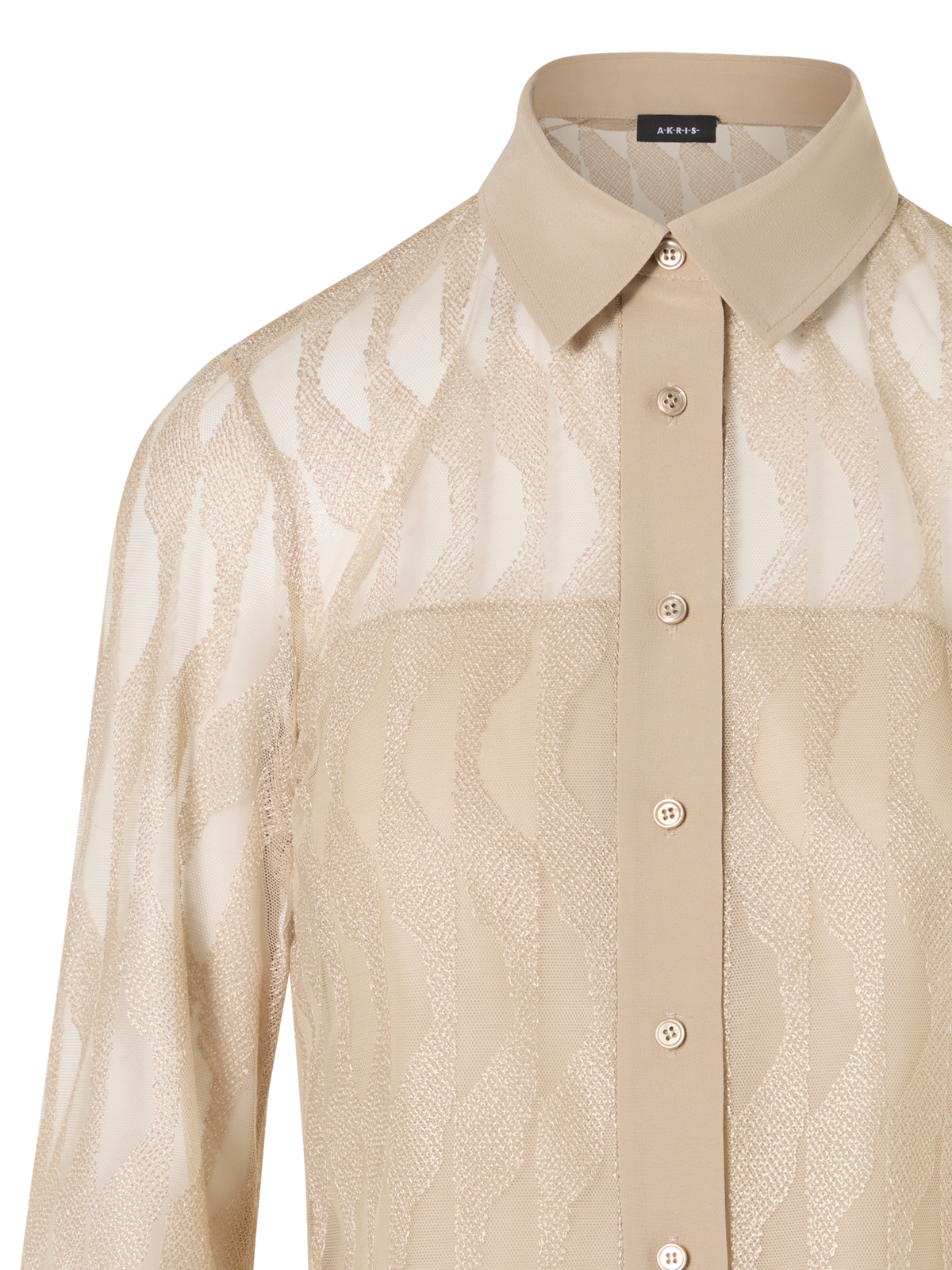 Designer Langärmelige Bluse mit High Plains Stickerei auf Tüll - Beige