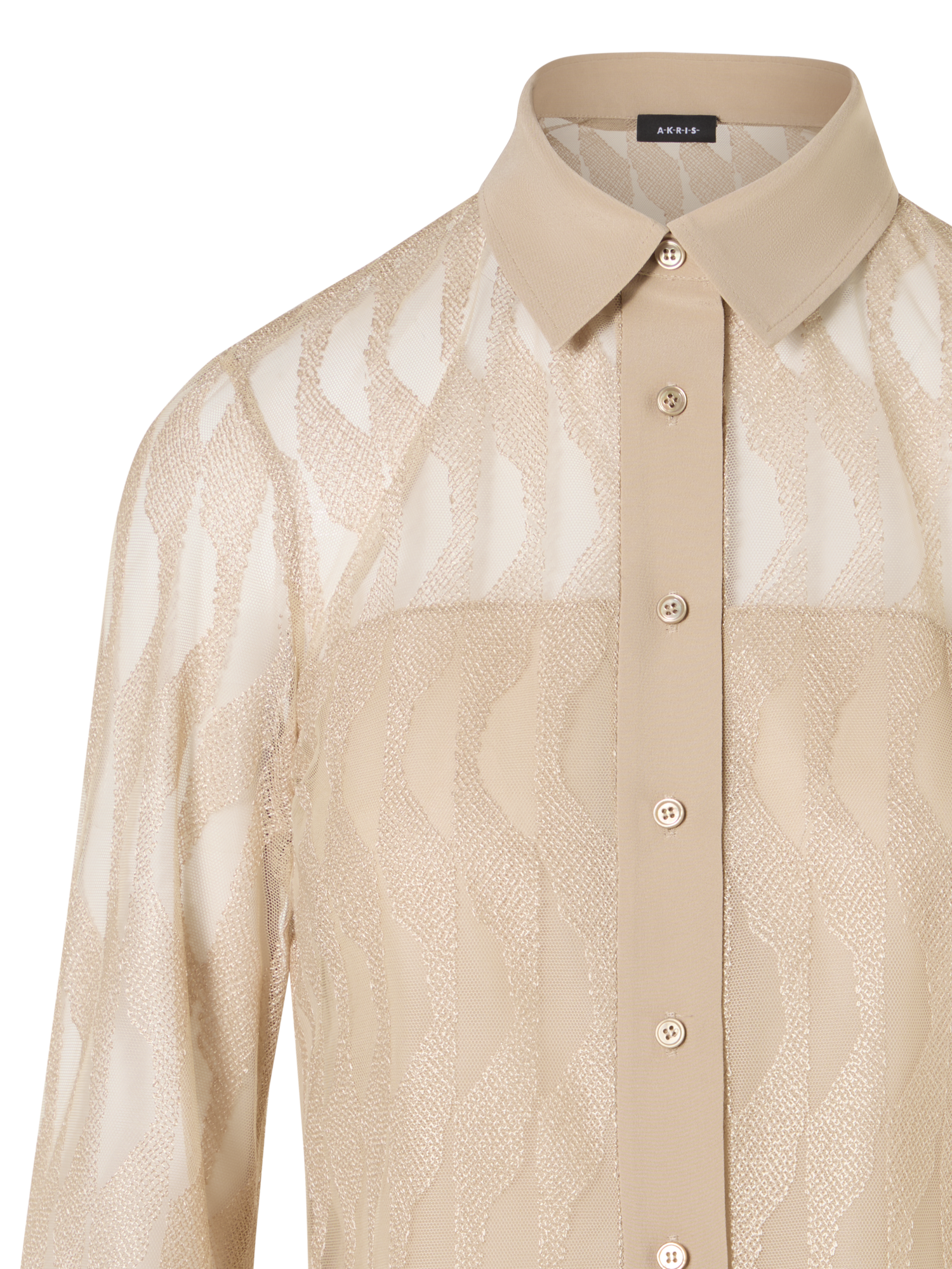 Designer Langärmelige Bluse mit High Plains Stickerei auf Tüll - Beige