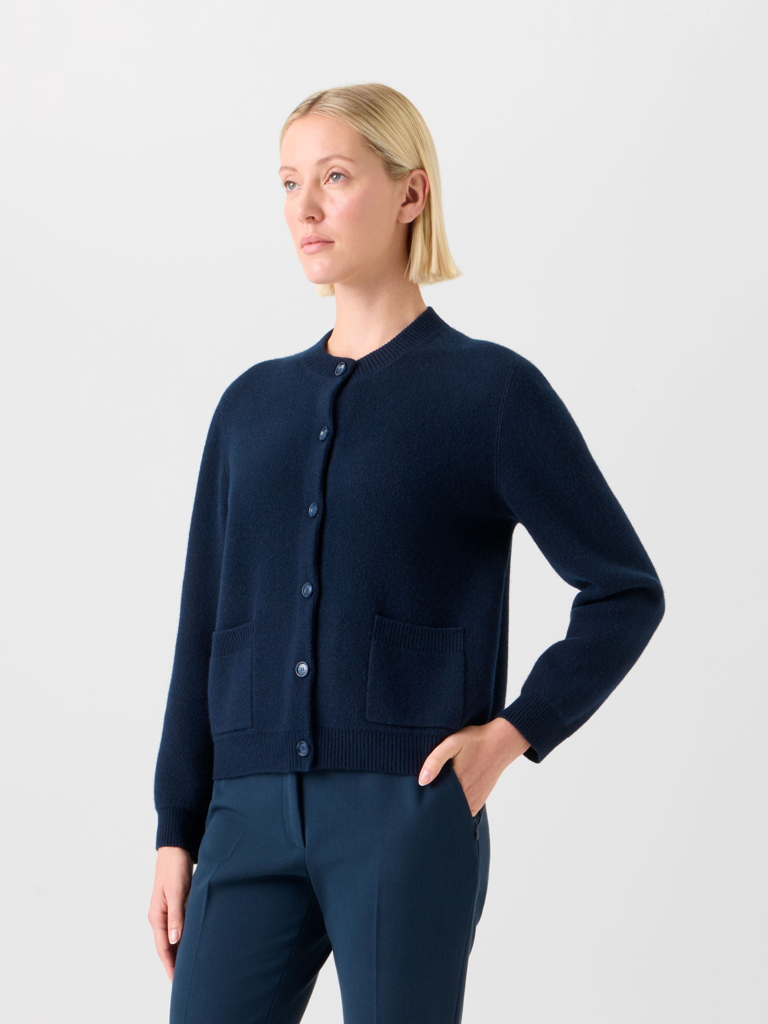 Designer Relaxed Cardigan aus reinem Kaschmir Piqué - Dunkelblau - Blau 
