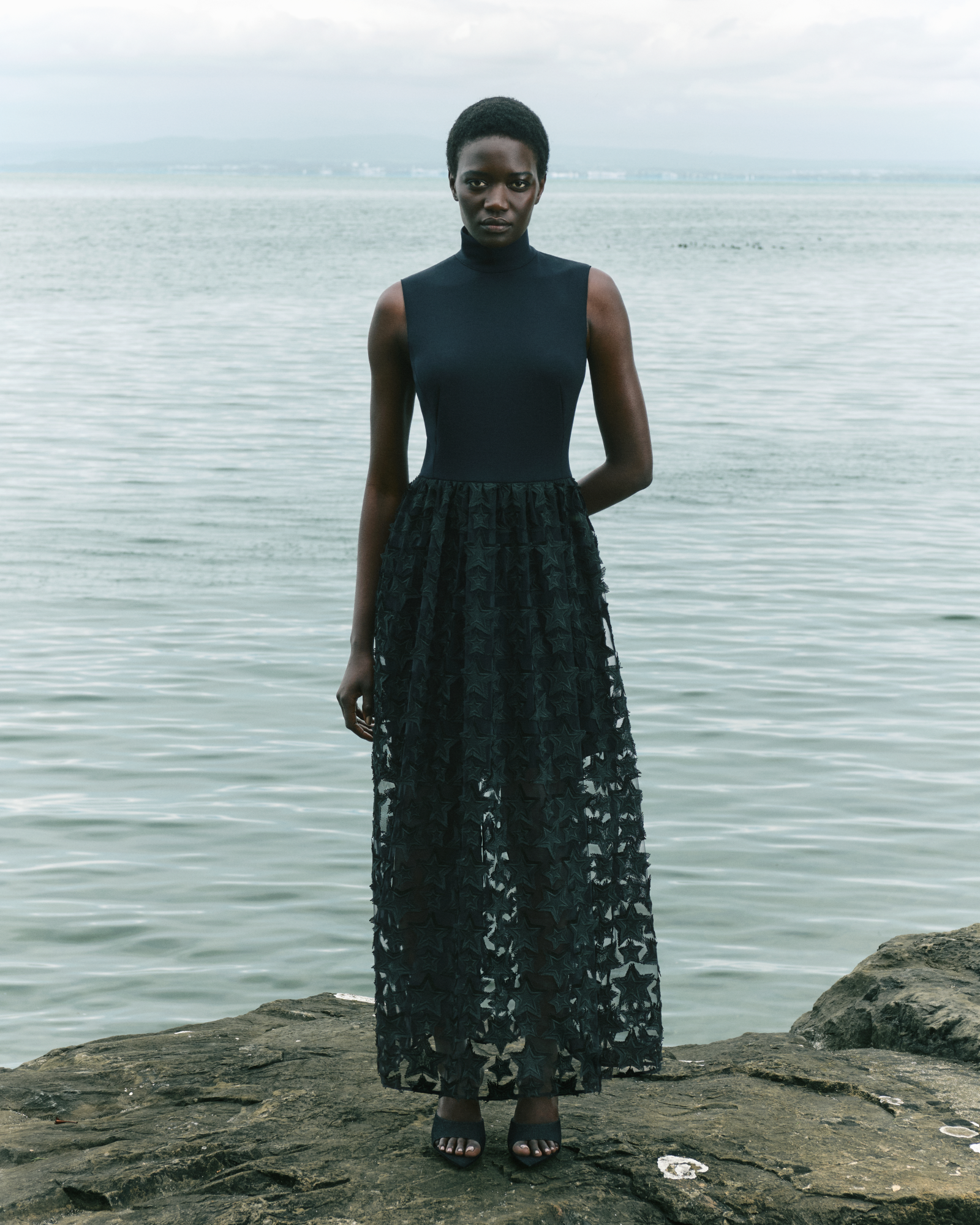 Designer Midikleid mit 3D-Stern-Stickerei - Schwarz 