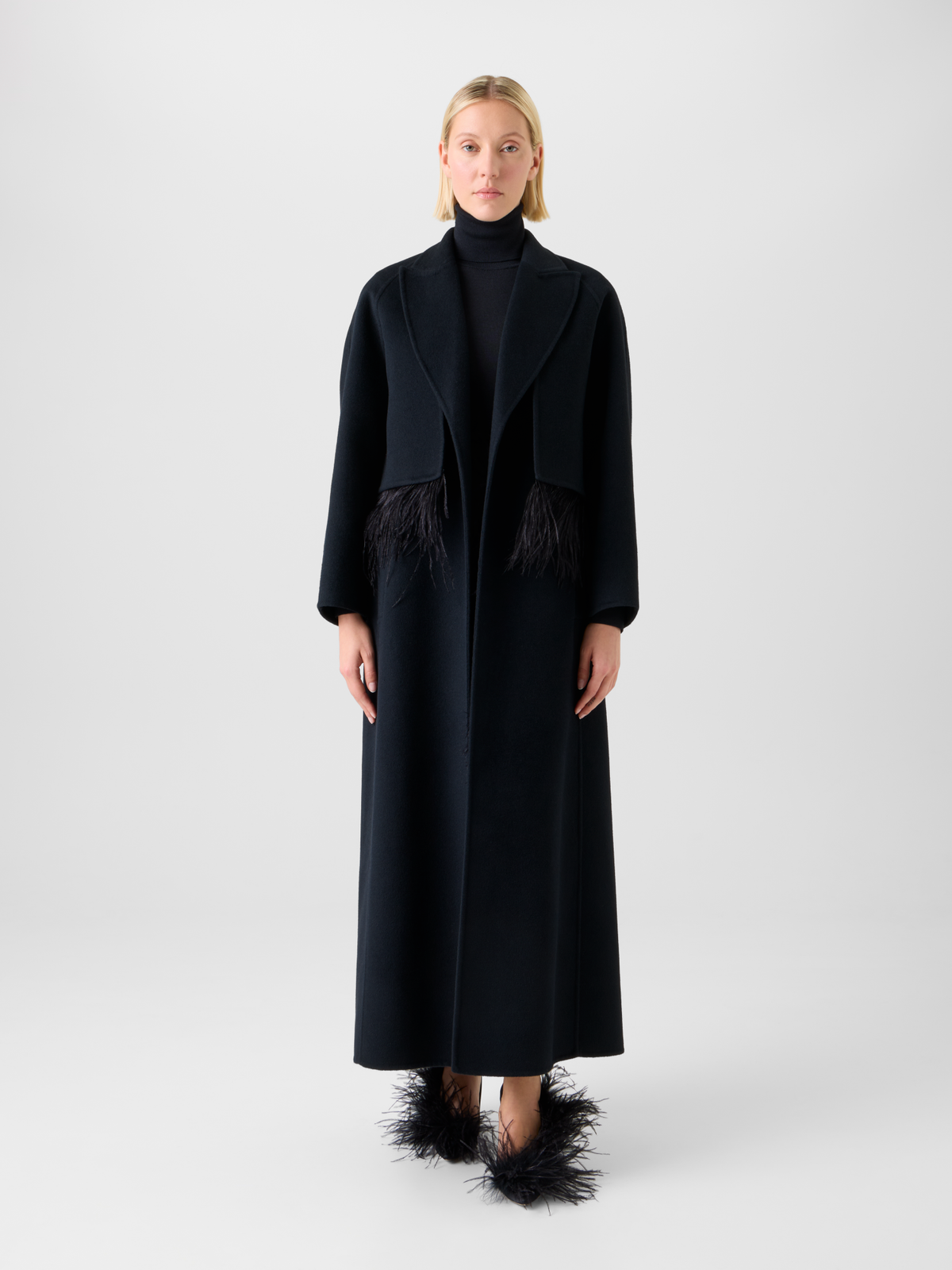 Designer Duo Mantel Gilet & Bolero mit Federnbesatz - Schwarz #editorial