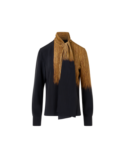 Designer Seidenbluse mit Oro Lienzo Print und Schal - Braun - Schwarz - Bunt