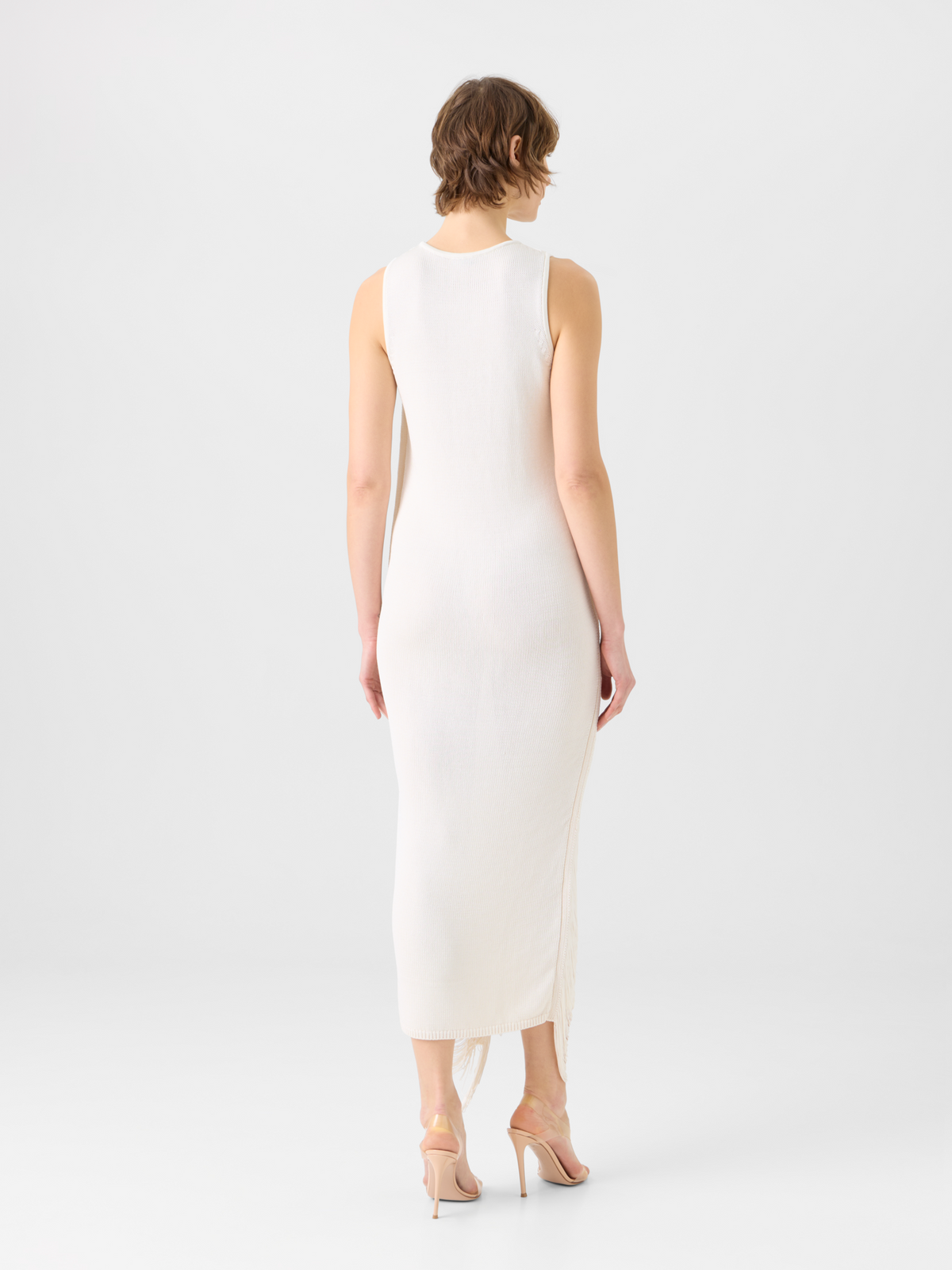 Designer Ärmelloses Maxi-Strickkleid aus Seide mit Fransendrapierung - Ecru #editorial