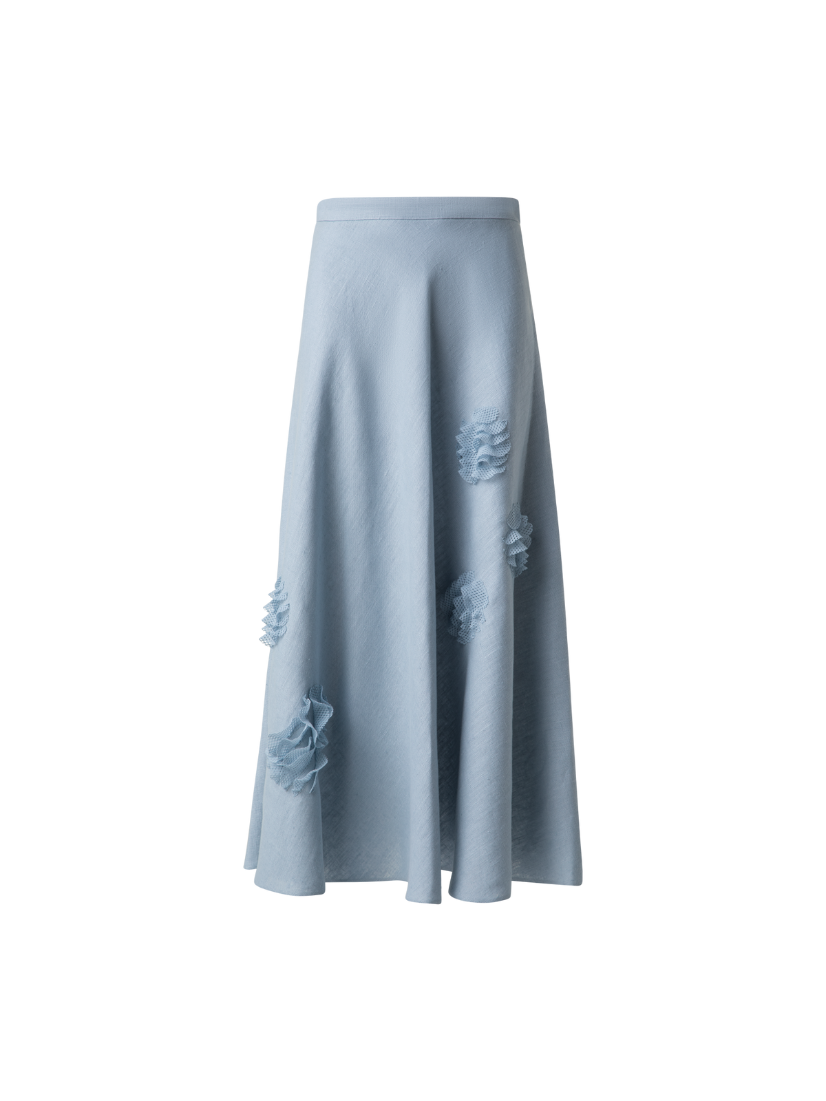 Designer Midirock aus Leinen mit 3D Carnation Detail - Blau