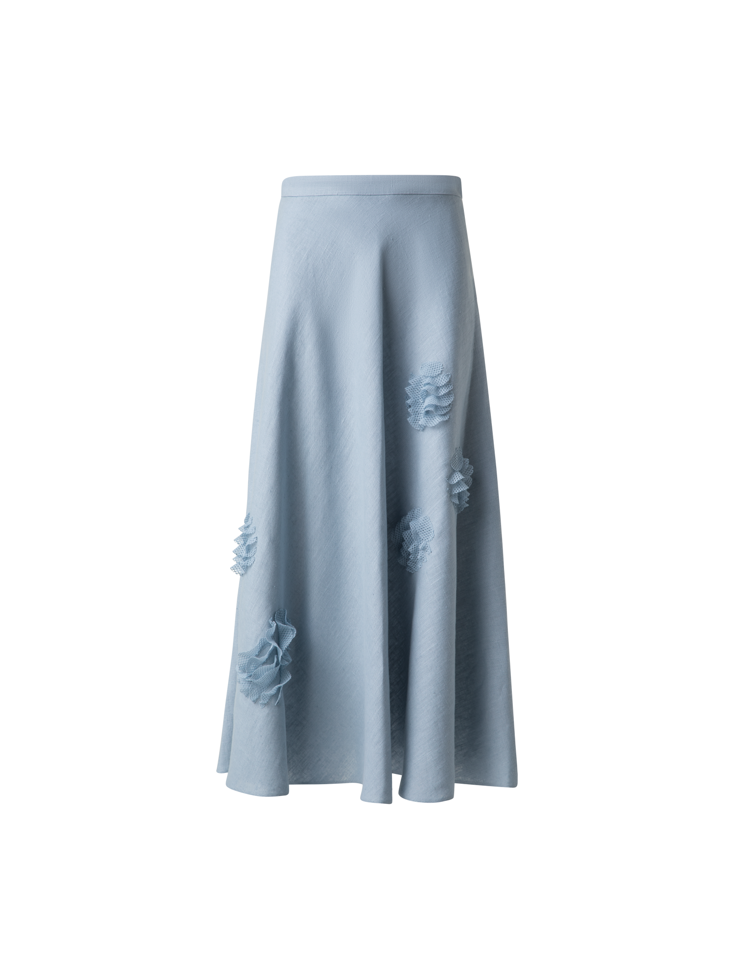 Designer Midirock aus Leinen mit 3D Carnation Detail - Blau