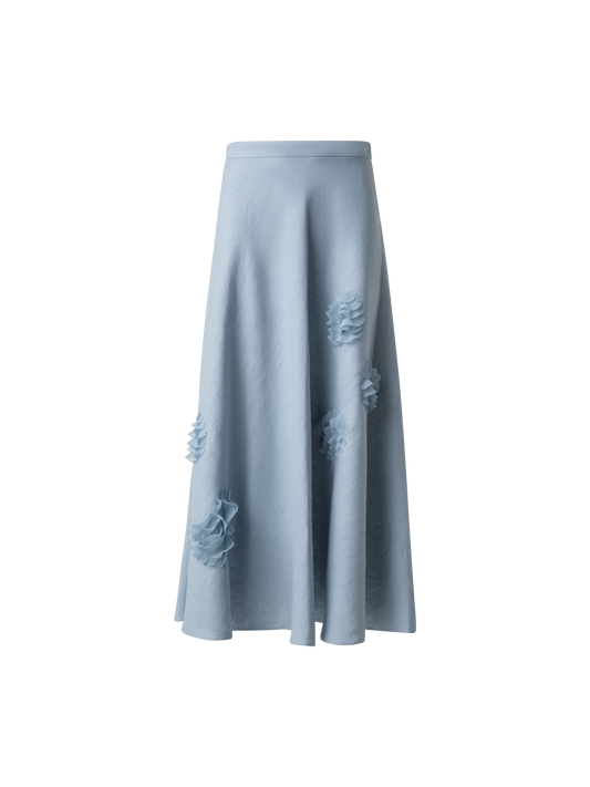 Designer Midirock aus Leinen mit 3D Carnation Detail - Blau