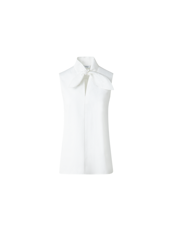 Designer Ärmellose Baumwoll-Bluse mit Krawattenknoten - Ecru - Weiss