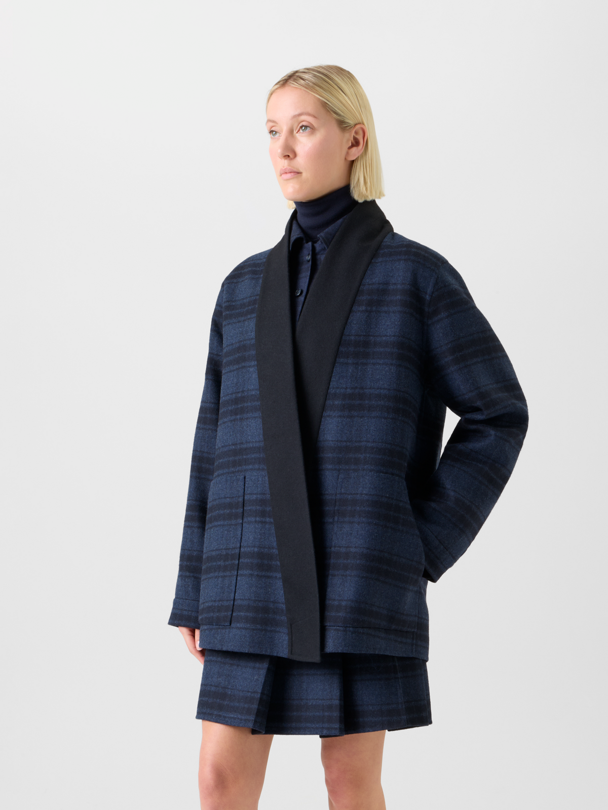 Designer Oversize Karo Woll-Doubleface Jacke - Dunkelblau - Blau #editorial