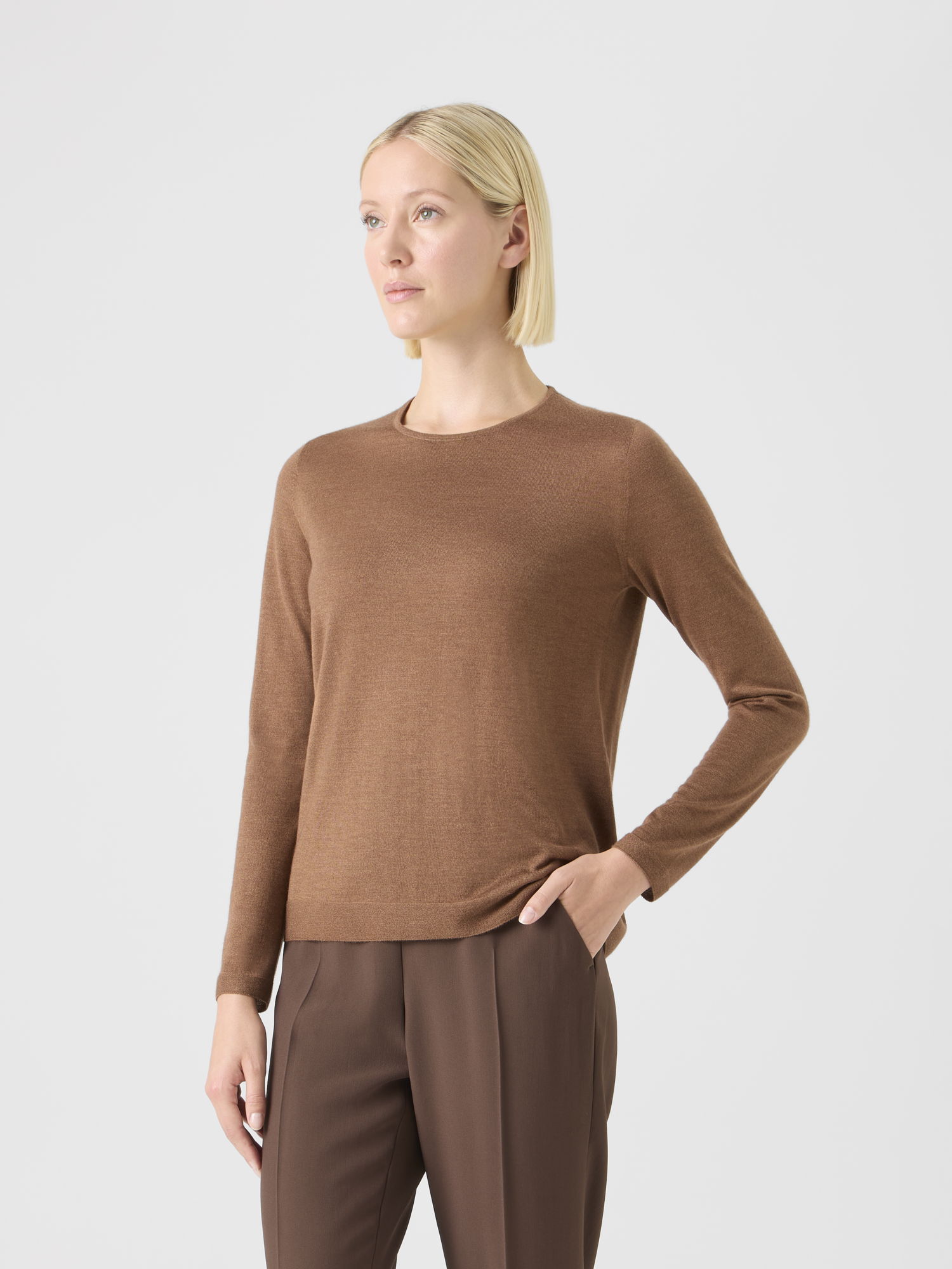 Designer Nahtlos geschrickter Rundhals Pullover aus Kaschmir-Seide - Braun 
