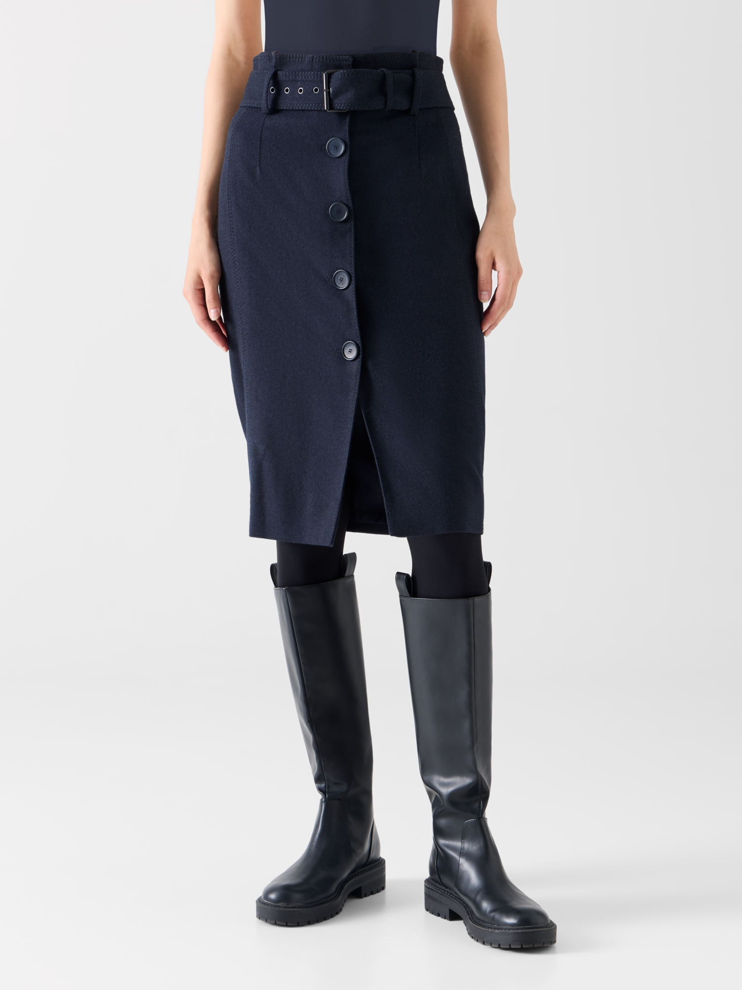 Designer Bleistiftrock aus Wollflanell mit hohem Bund - Dunkelblau 