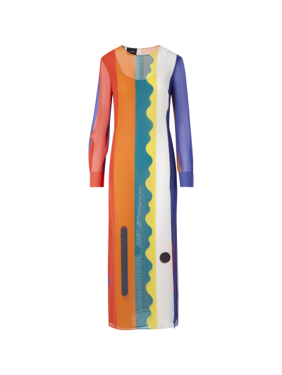 Designer Langes Seidenkleid mit Paravent-Druck - Bunt