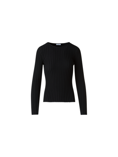 Designer Merino Wolle Rippenstrick Pullover - Schwarz