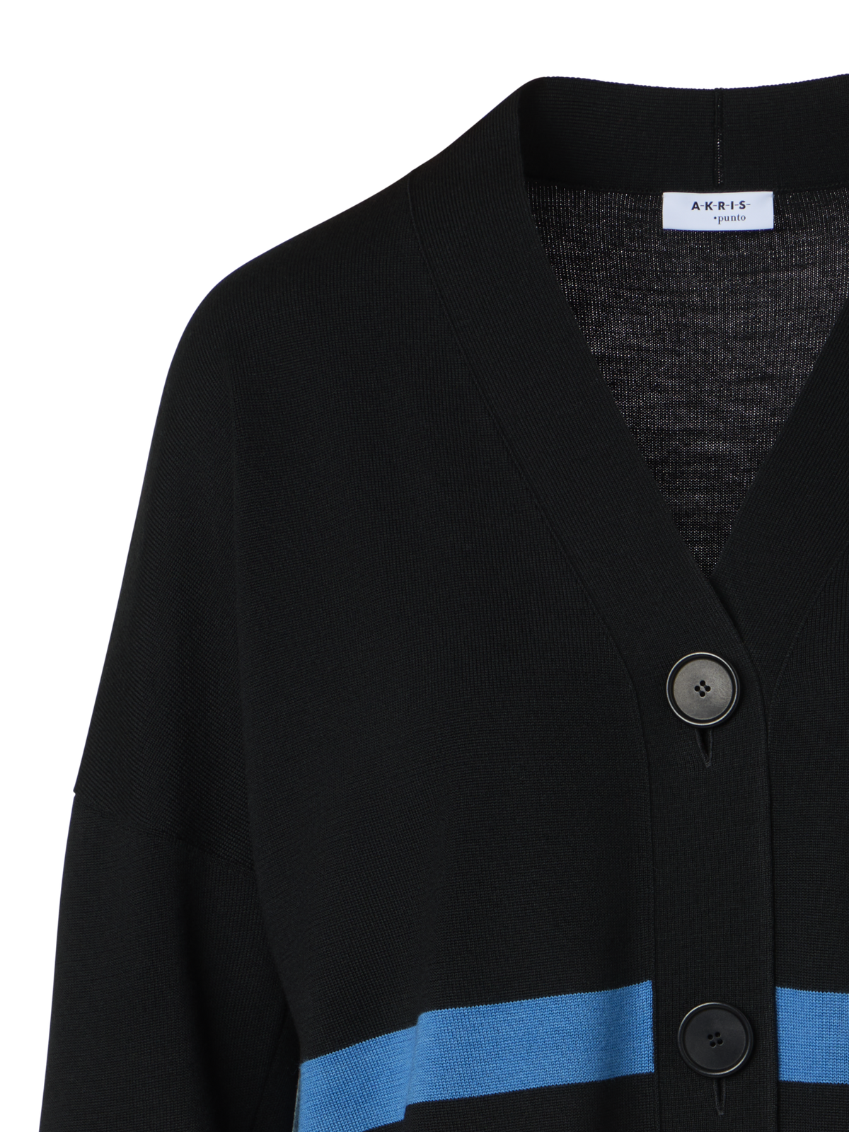 Designer Strickjacke aus Merinowolle mit farbigem Blockstreifen - Schwarz - Bunt