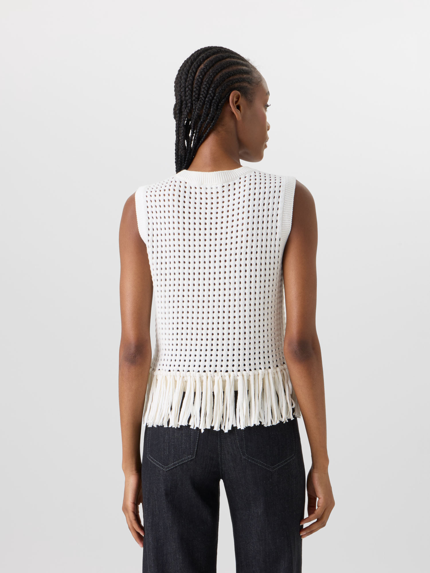 Designer Ärmelloses Stricktop aus grobem Baumwoll-Mesh - Ecru 