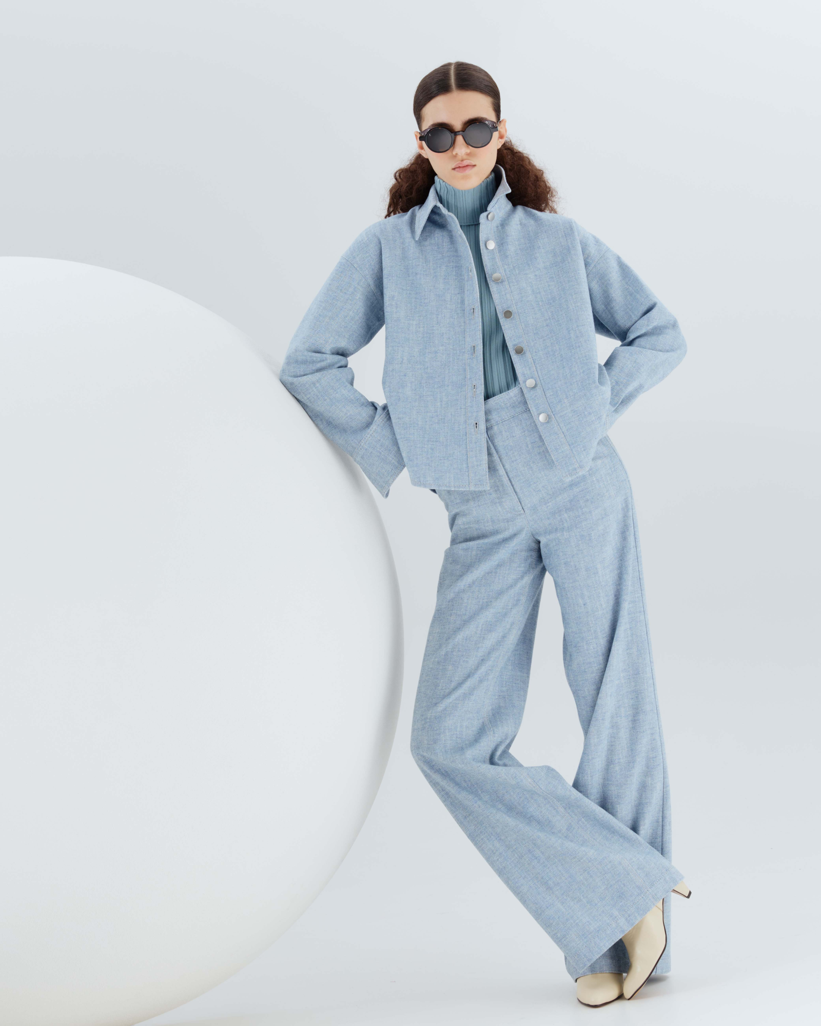 Designer Weite Denim-Hose mit hohem Bund - Blau 