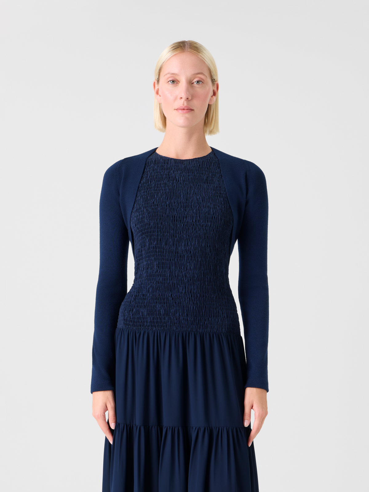 Designer Cropped Bolero-Cardigan aus Merinowolle - Dunkelblau - Blau #editorial