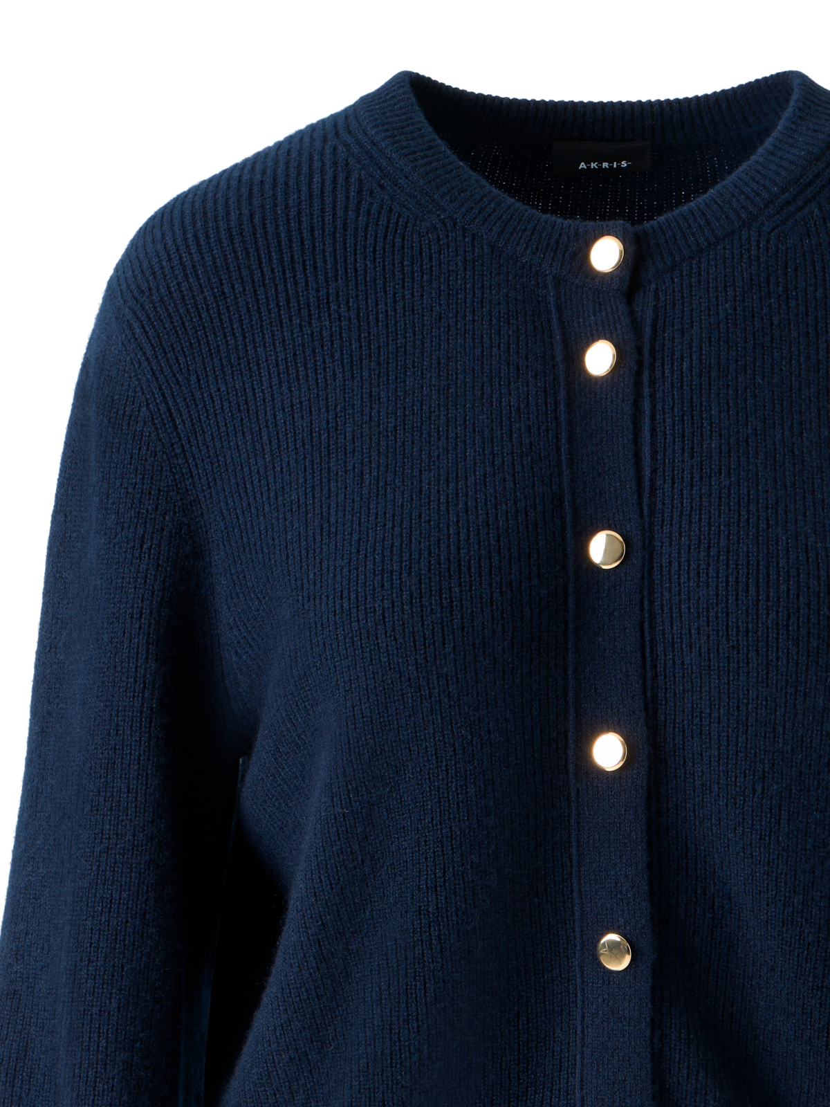 Designer Kaschmir Rippenstrick Cardigan mit Goldknöpfen - Dunkelblau - Blau