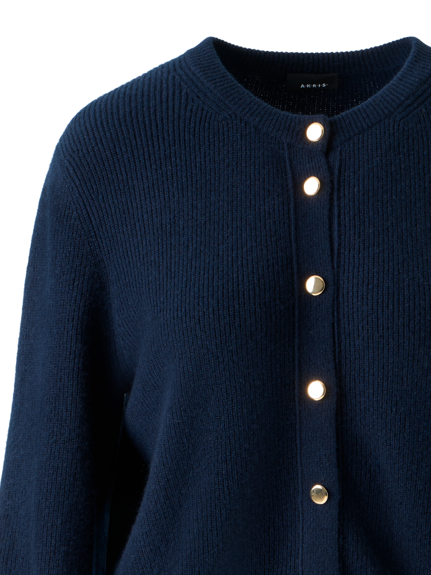 Designer Kaschmir Rippenstrick Cardigan mit Goldknöpfen - Dunkelblau - Blau