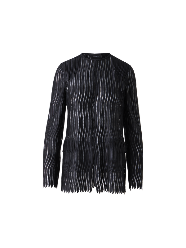 Designer Hekka lange transparente Jacke aus Wave-Guipure - Schwarz