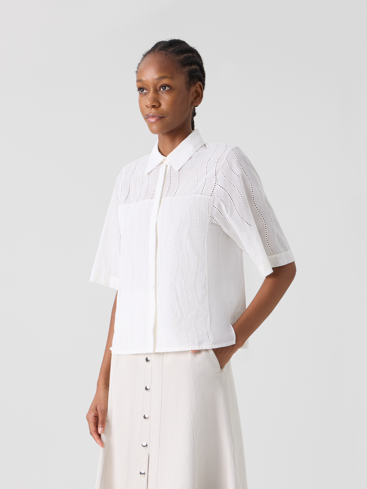 Designer Bestickte kastige Baumwollbluse - Ecru