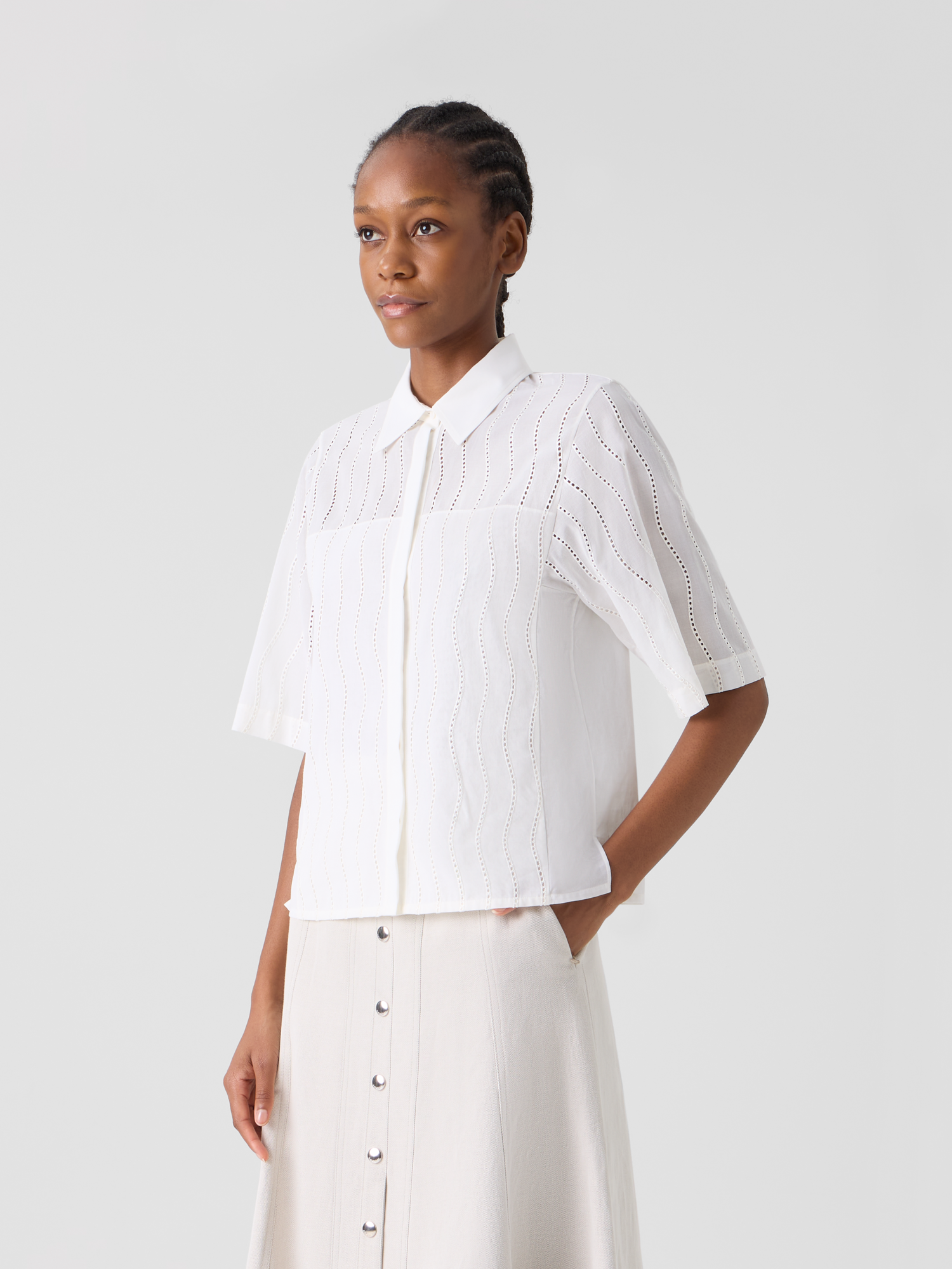 Designer Bestickte kastige Baumwollbluse - Ecru