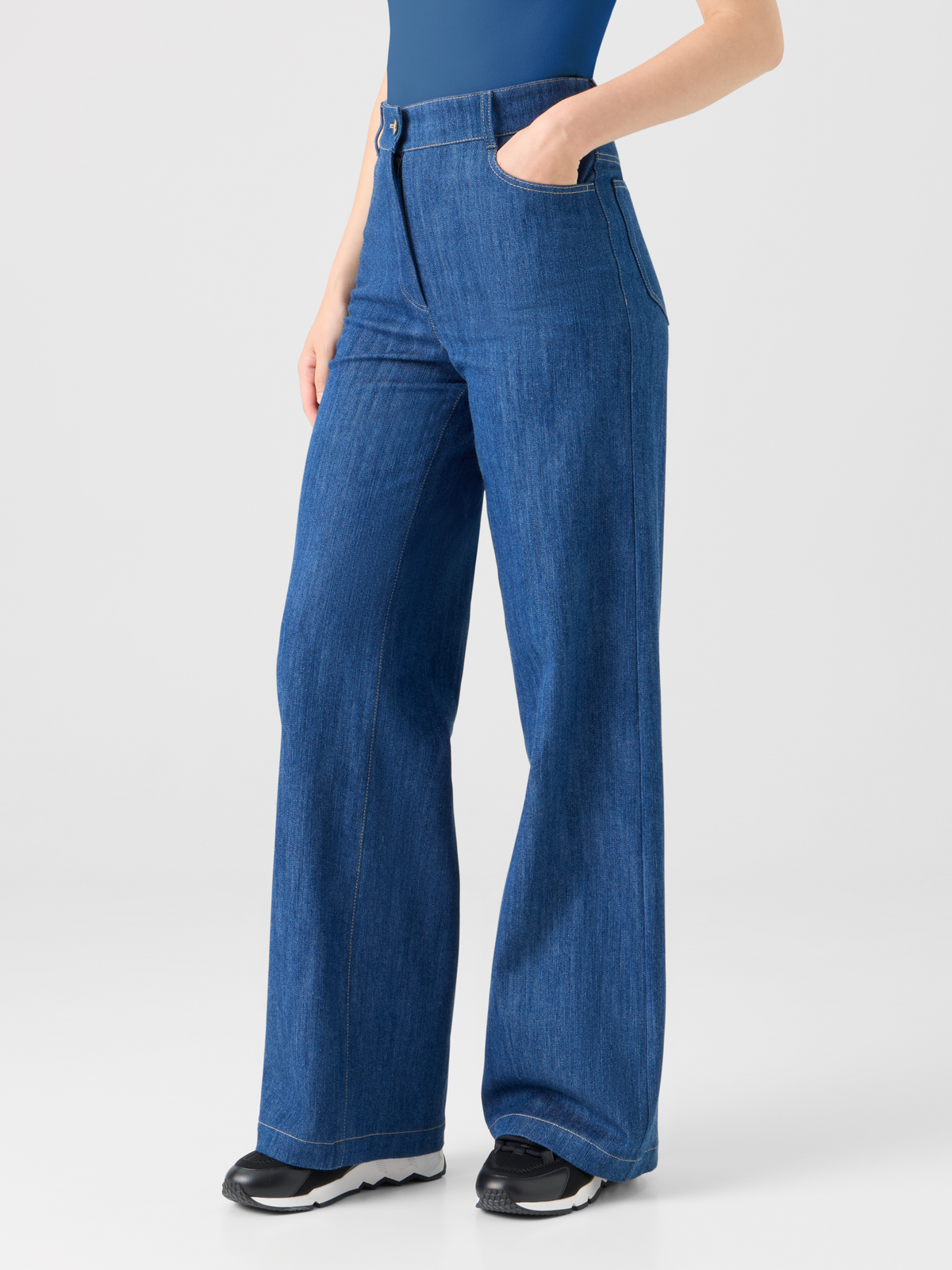 Designer Cooper Wide Leg Hose aus Stretch-Baumwolldenim - Dunkelblau - Blau #editorial
