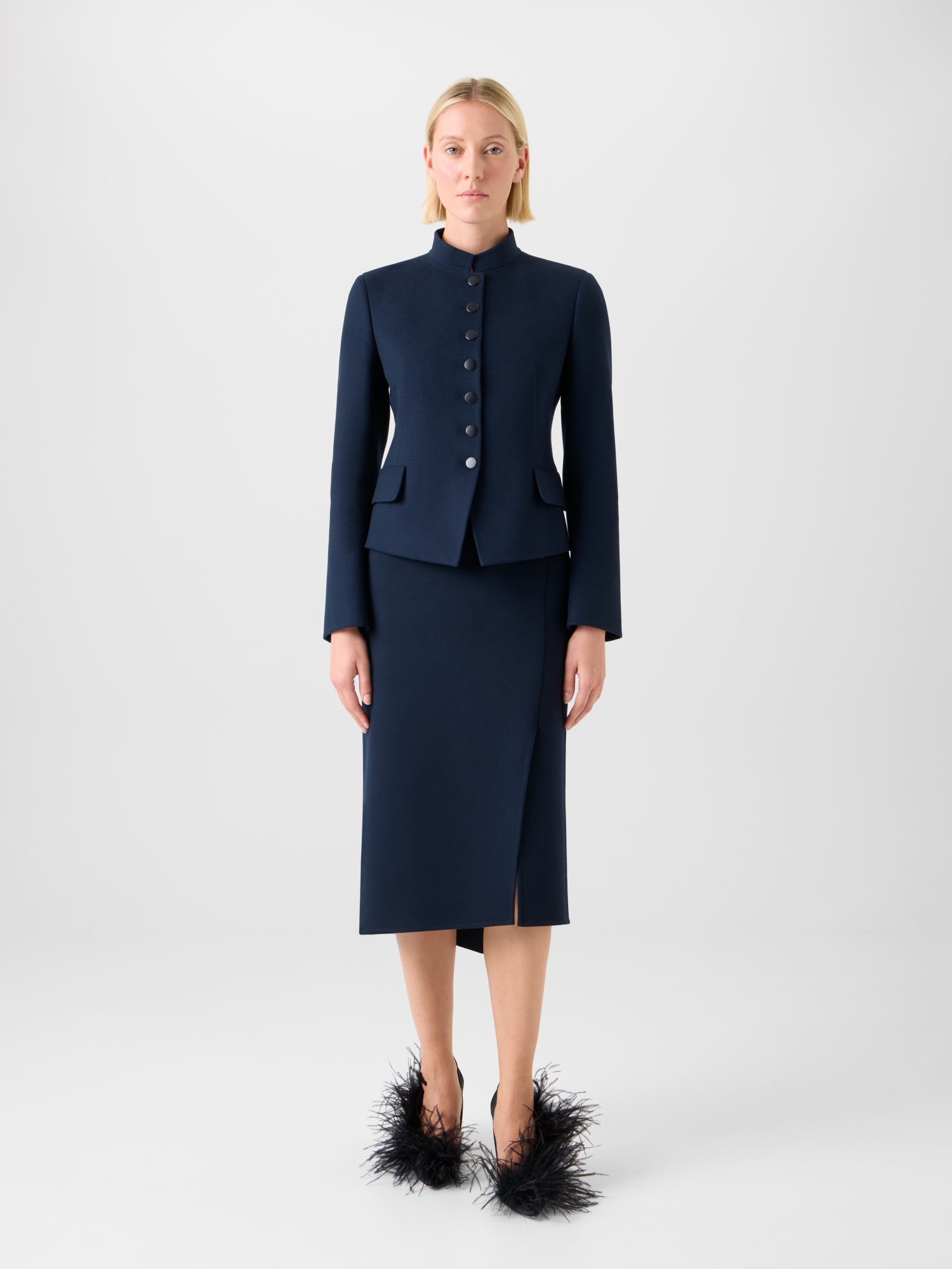 Designer Kurze Taillierte Wollflanell Doubleface Jacke - Dunkelblau - Blau 