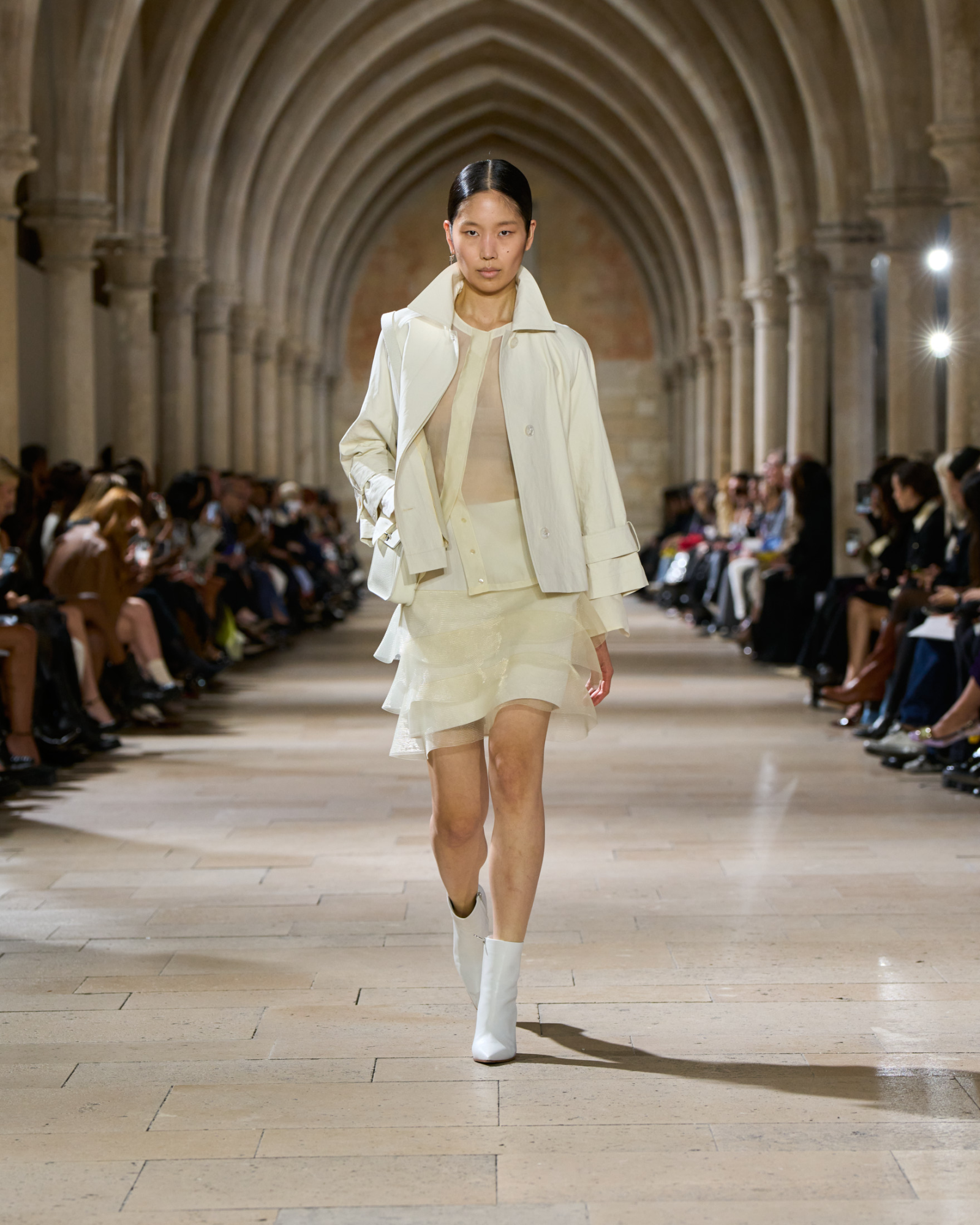 Designer Kurzer Bleistiftrock mit Tüll-Wellen - Ecru - Weiss 