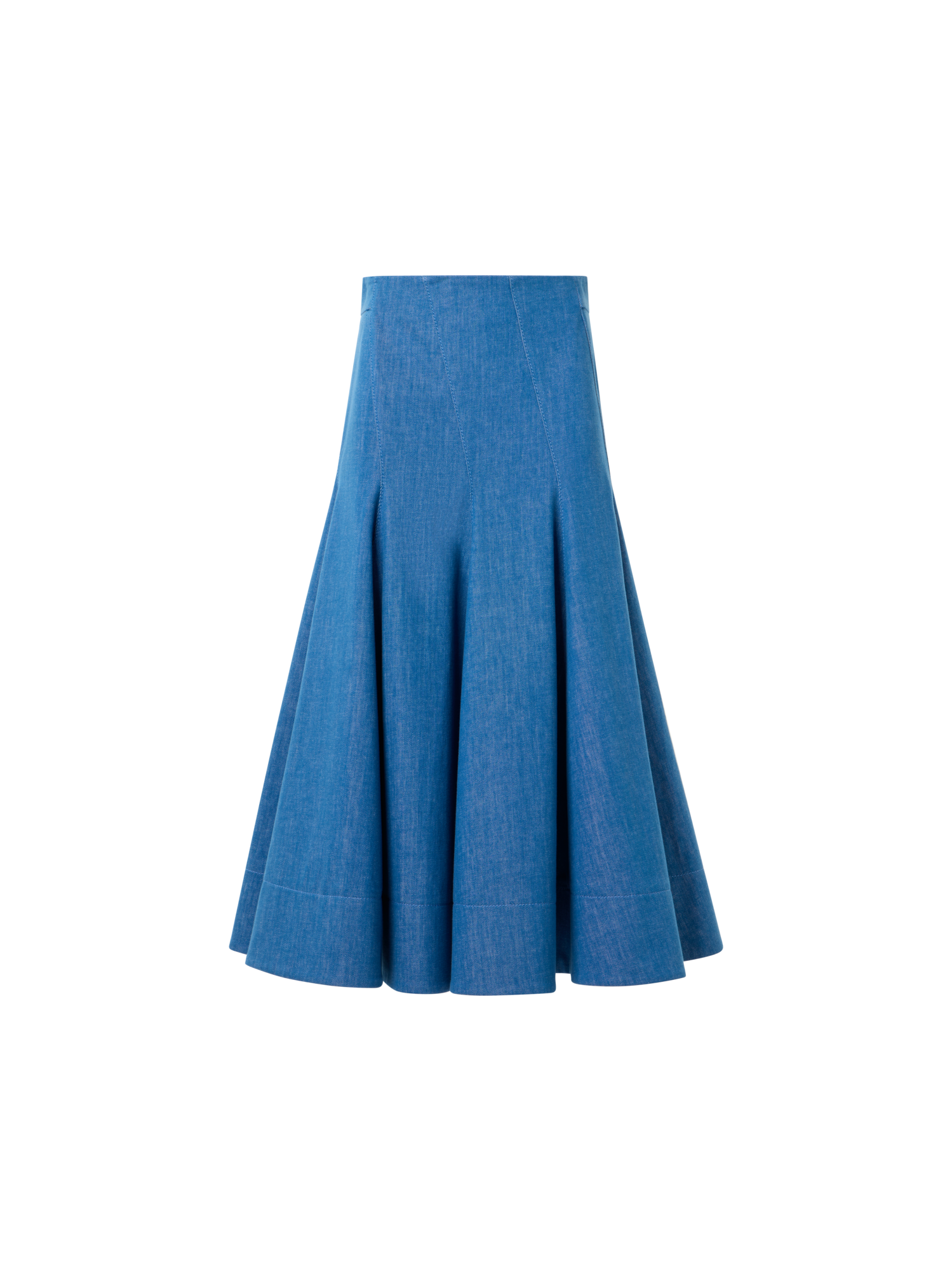 Designer Diagonaler Godet-Midirock aus Stretch-Denim aus Baumwolle - Blau