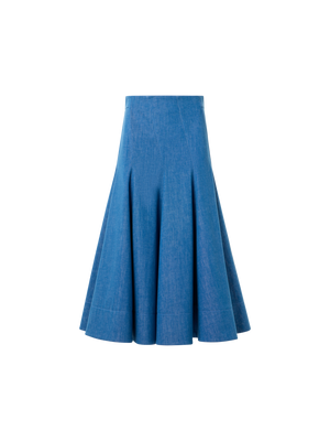 Designer Diagonaler Godet-Midirock aus Stretch-Denim aus Baumwolle - Blau