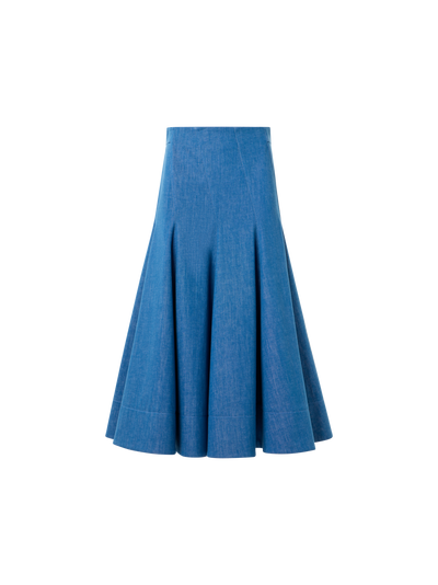 Designer Diagonaler Godet-Midirock aus Stretch-Denim aus Baumwolle - Blau