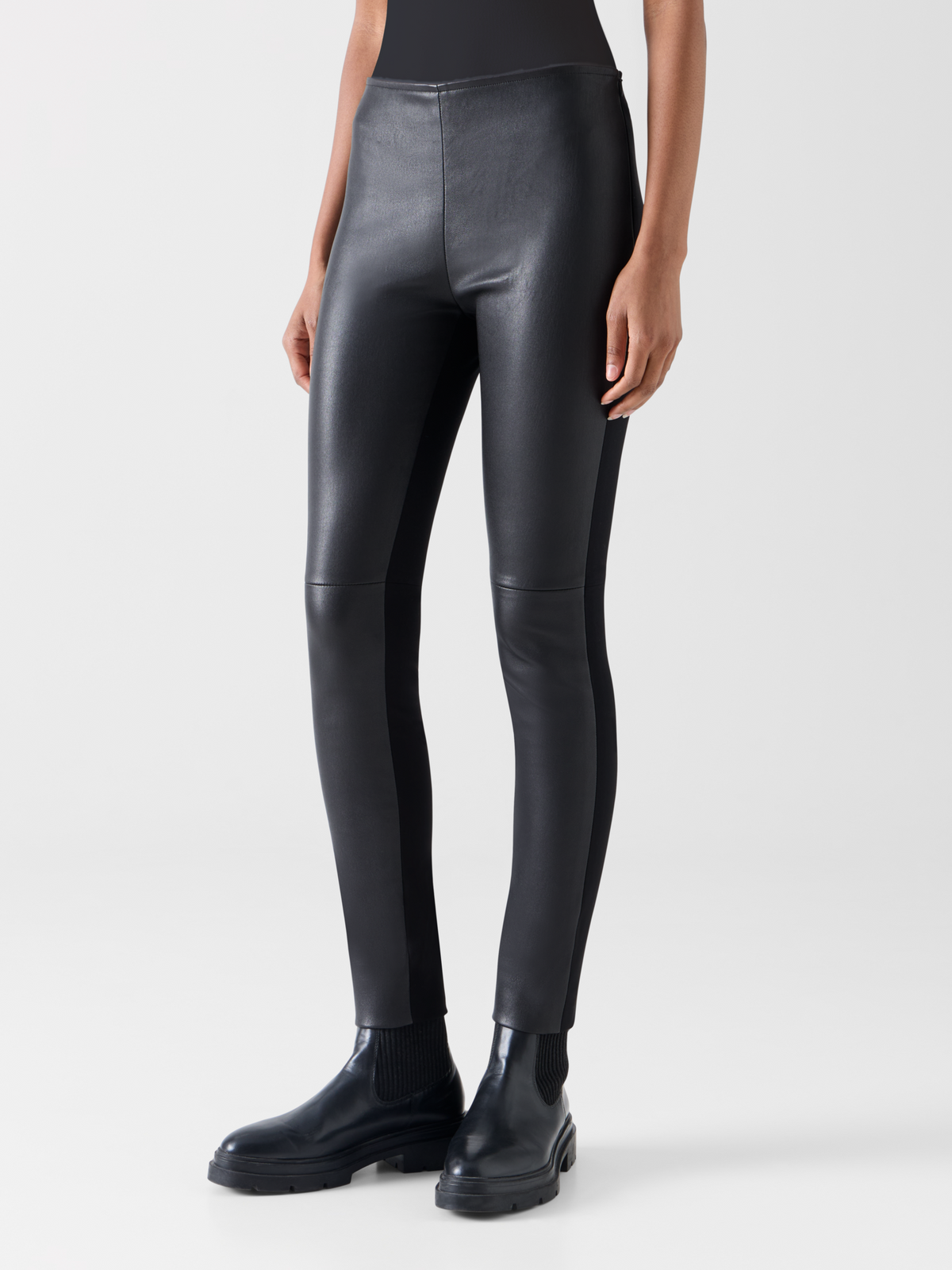 Designer Skinny Hose mit Nappaleder-Front und Jersey-Rücken - Schwarz 